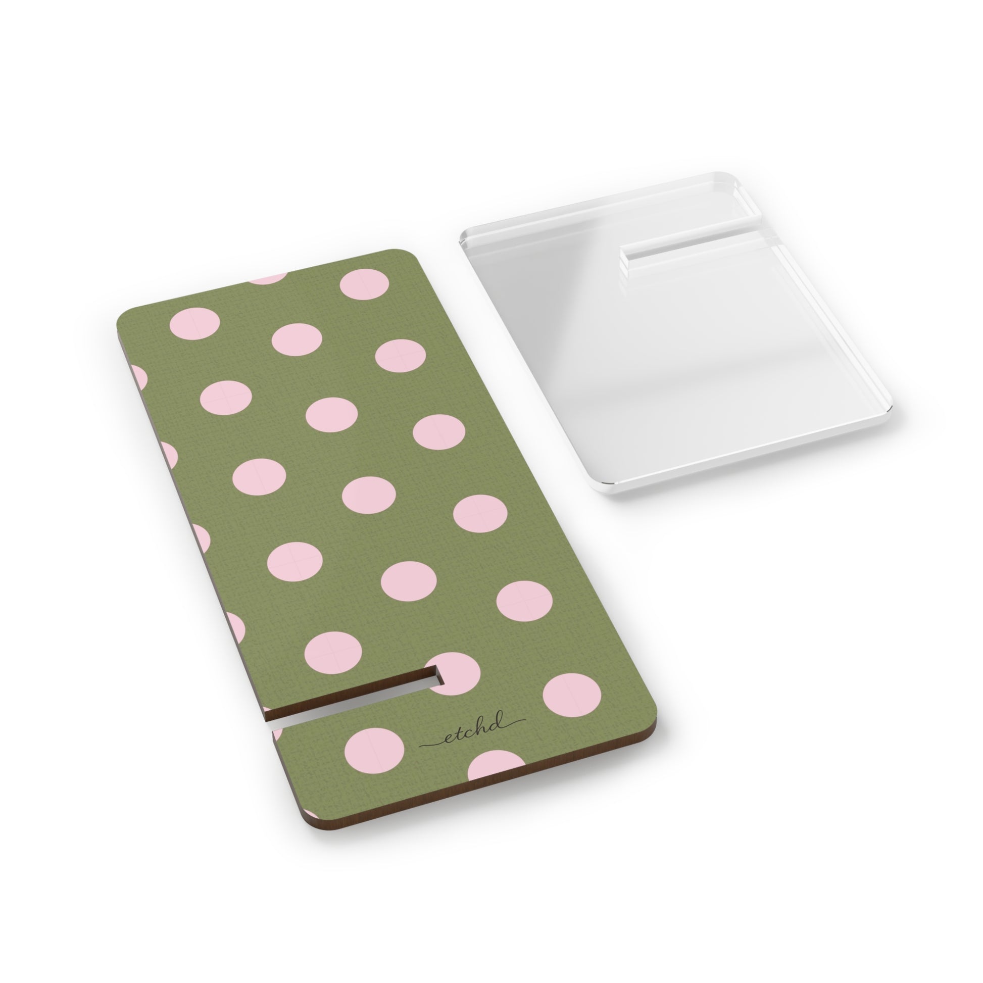 Pink And Green Polka Dot Phone Stand by etchd, view 2