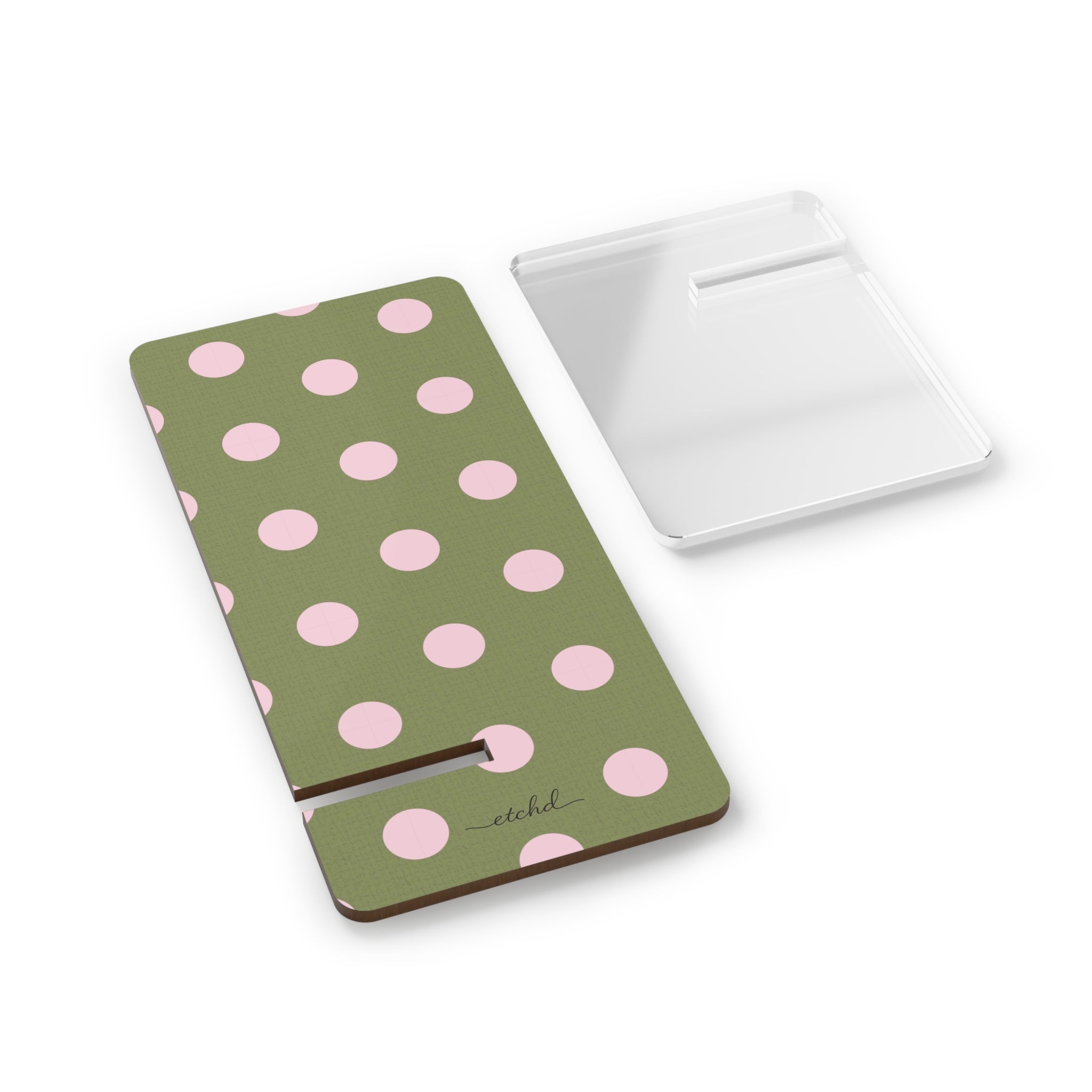 Pink And Green Polka Dot Phone Stand by etchd, view 2