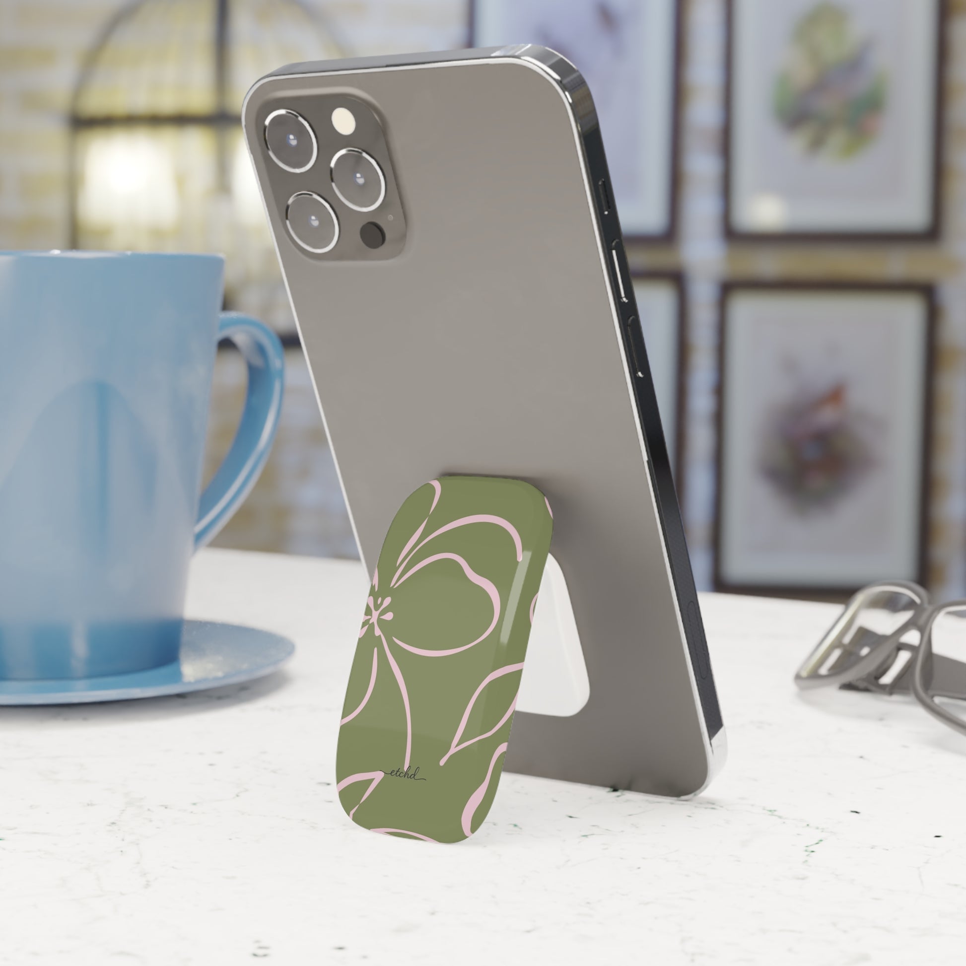 Green & Pink Floral Click-On Phone Grip by etchd, view 3