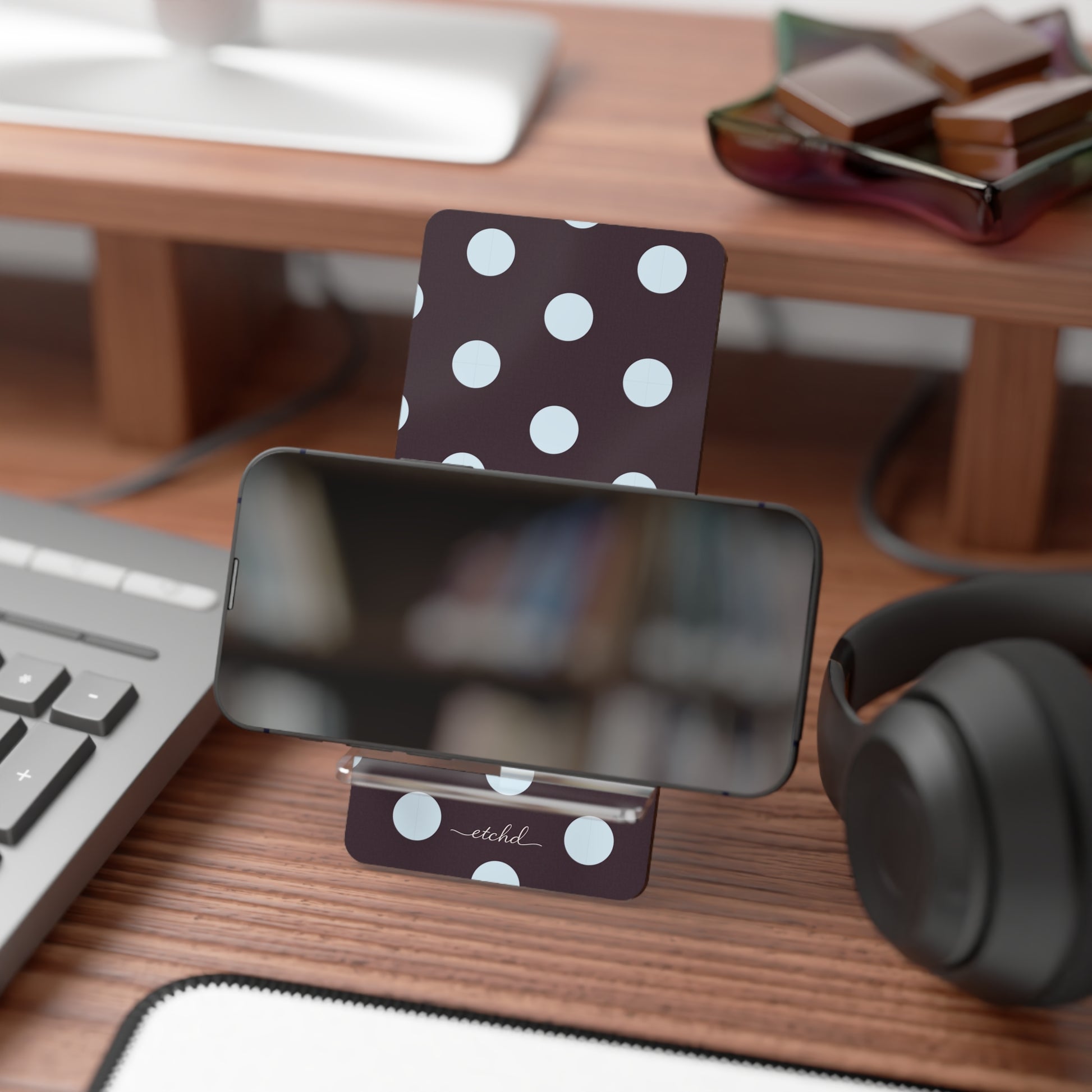 Blue And Plum Polka Dot Phone Stand by etchd, view 4