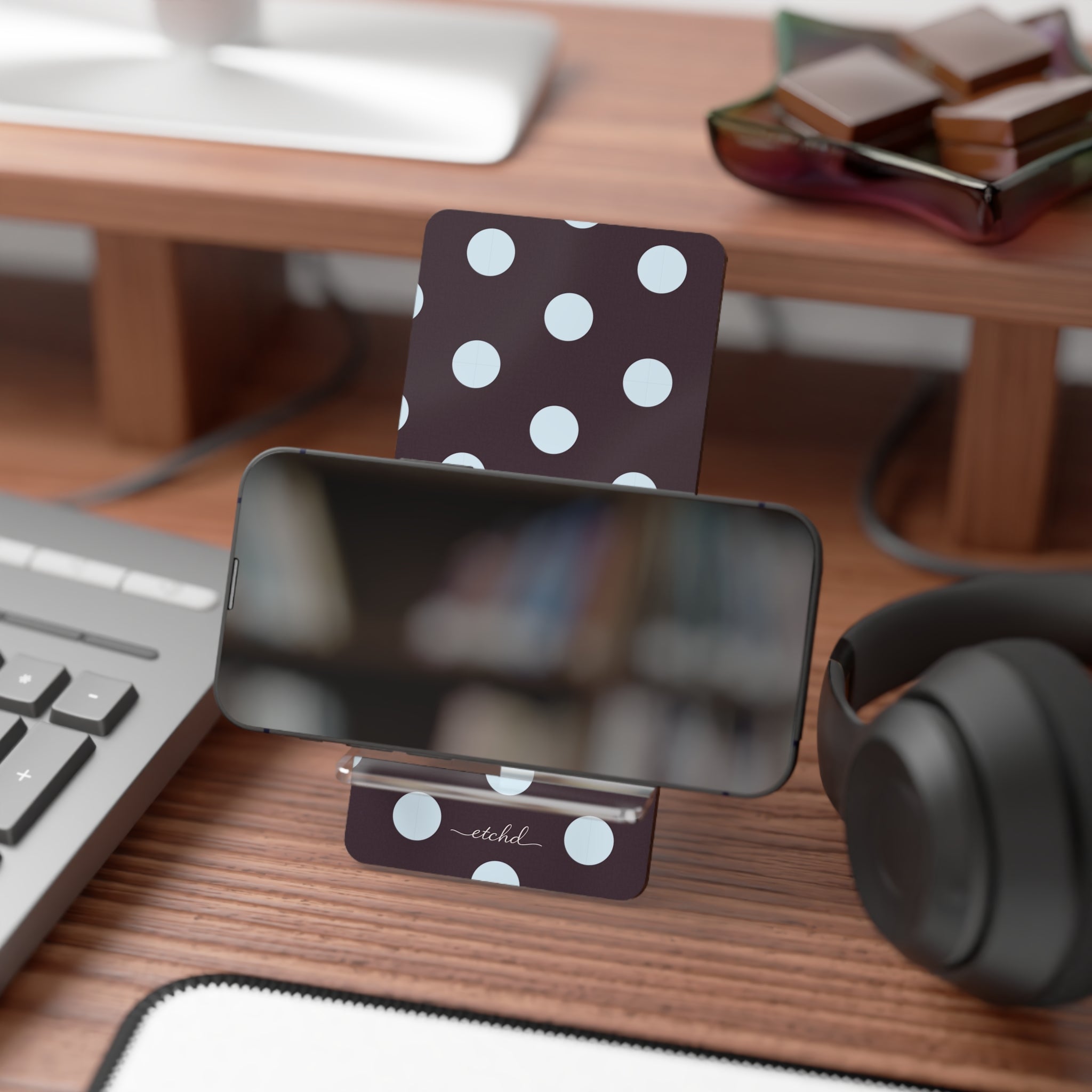 Blue And Plum Polka Dot Phone Stand by etchd, view 4