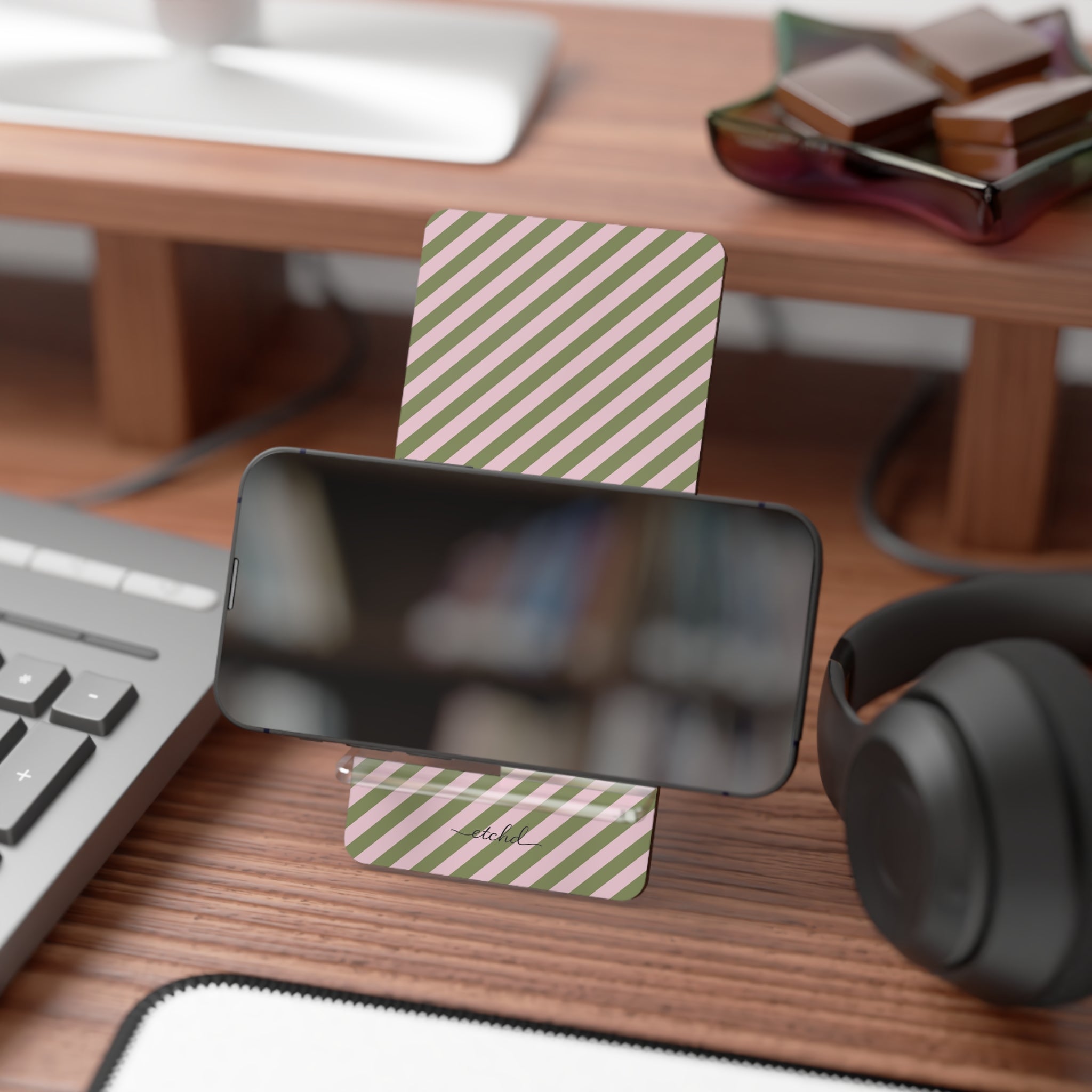 Green & Pink Striped Diagonal Phone Stand by etchd, view 4
