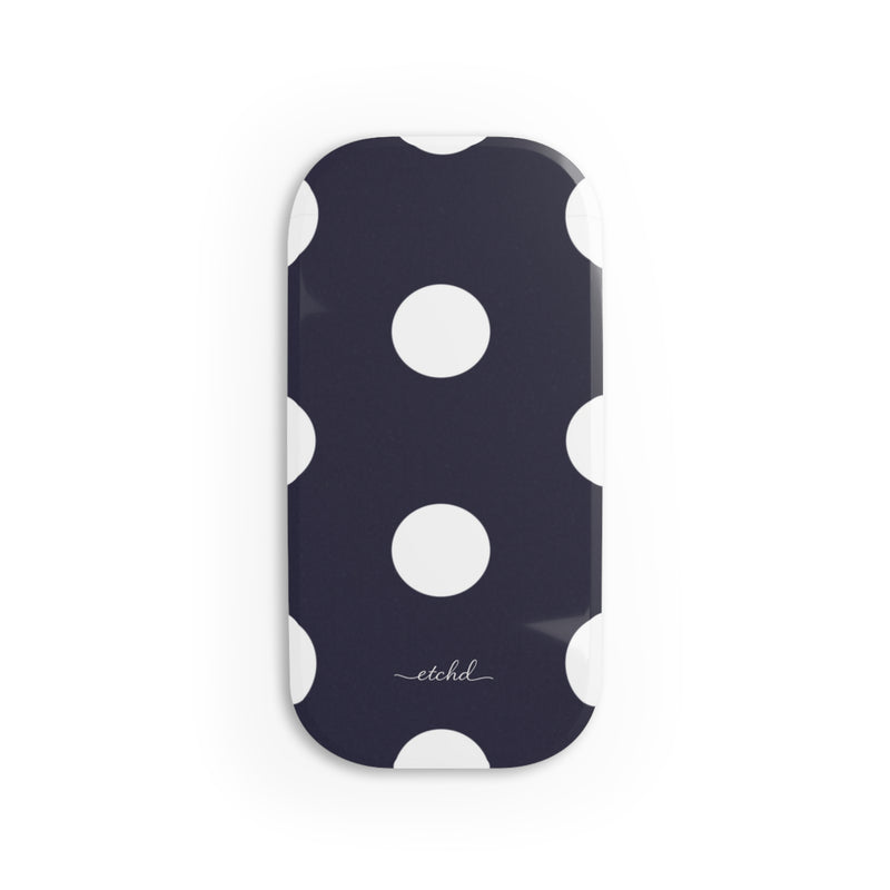 White And Navy Polka Dot Click-On Phone Grip by etchd