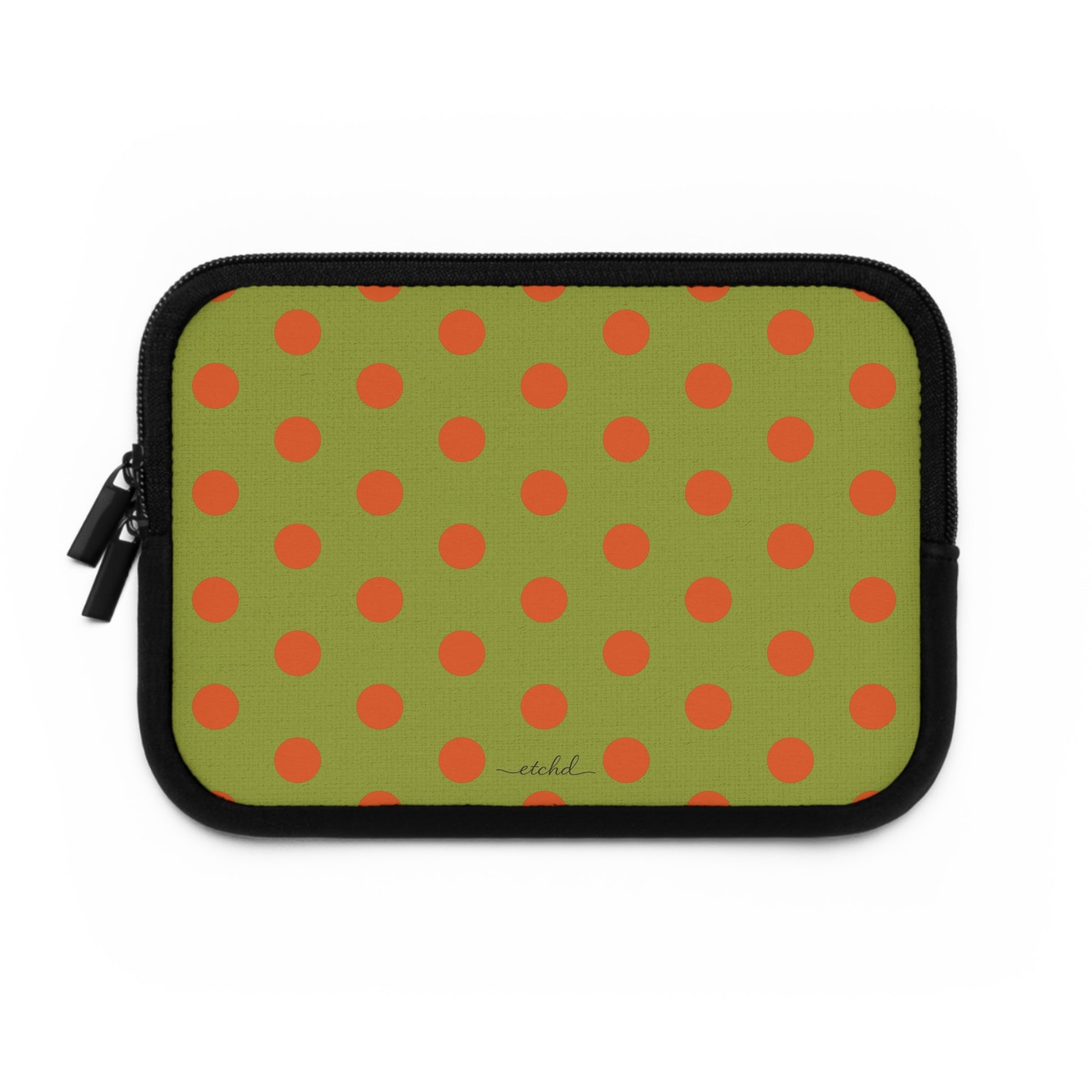 Persimmon And Wasabi Polka Dot Laptop Sleeve by etchd, view 2