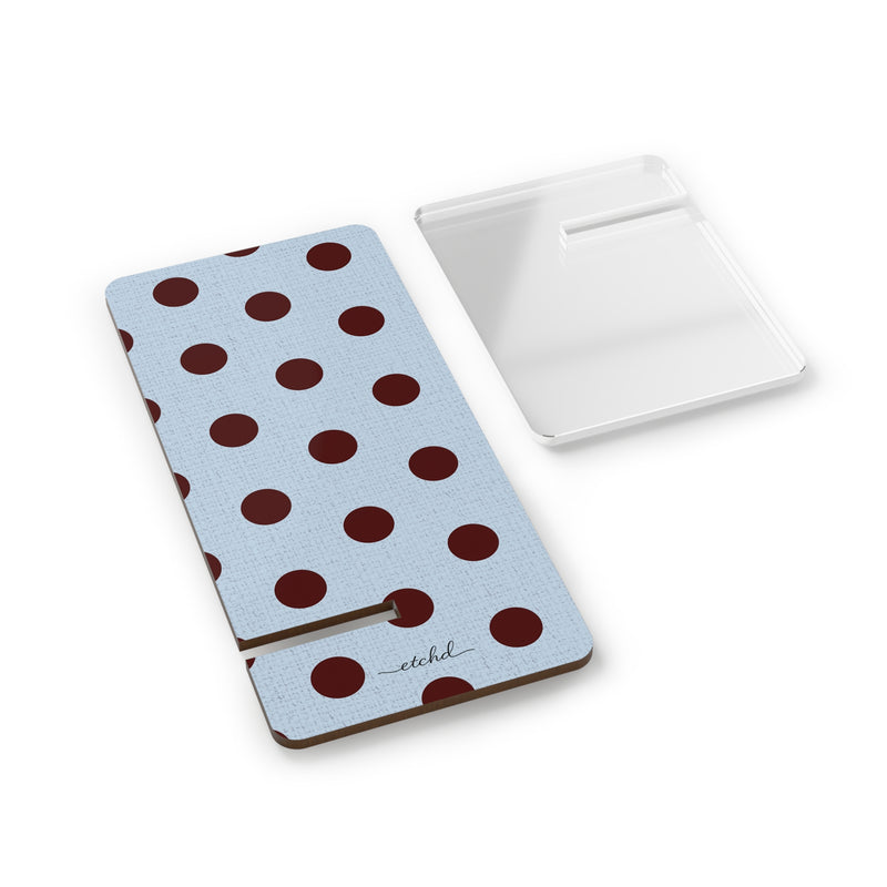 Blue & Cherry Polka Dot Phone Stand by etchd, view 2