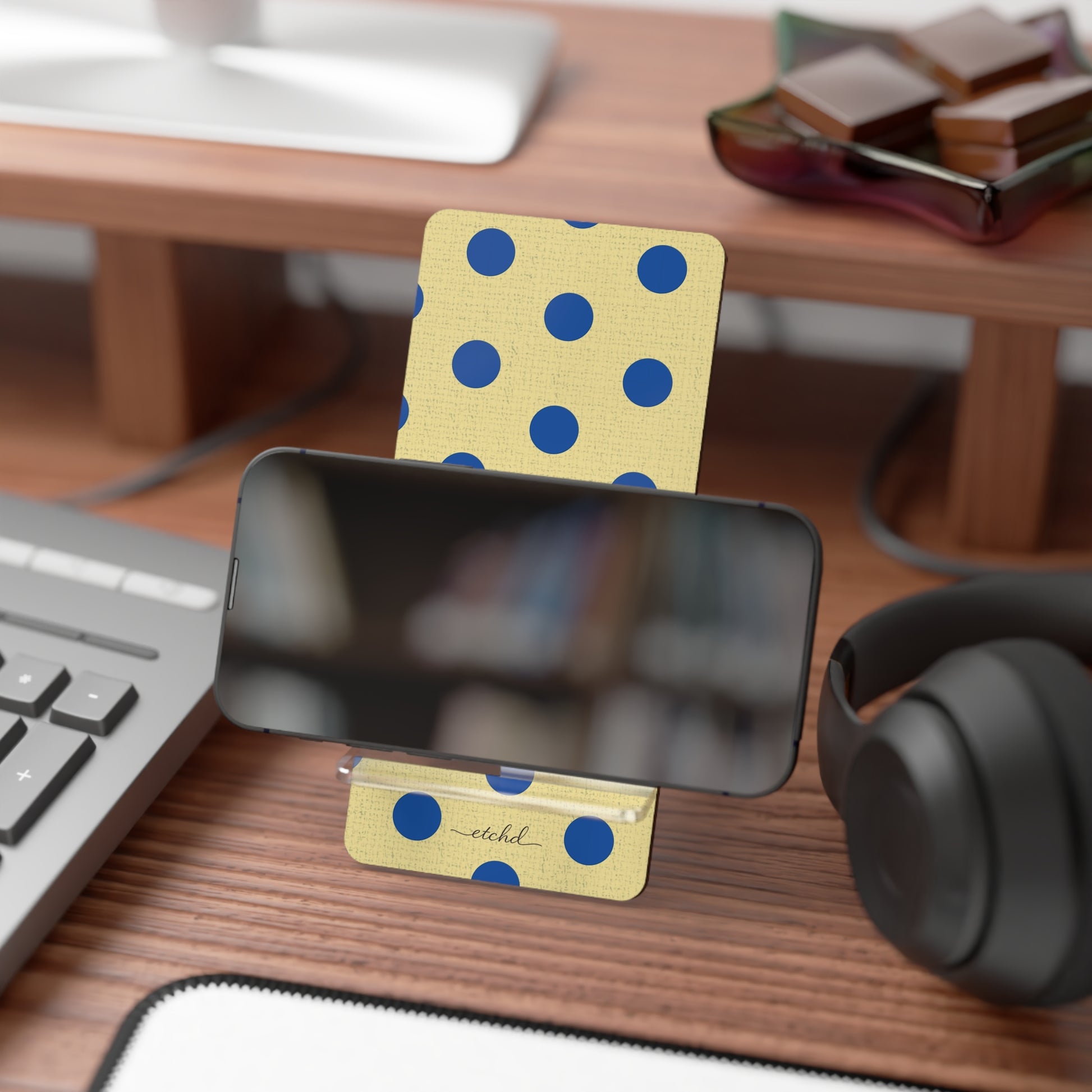 Cobalt And Butter Polka Dot Phone Stand by etchd, view 4