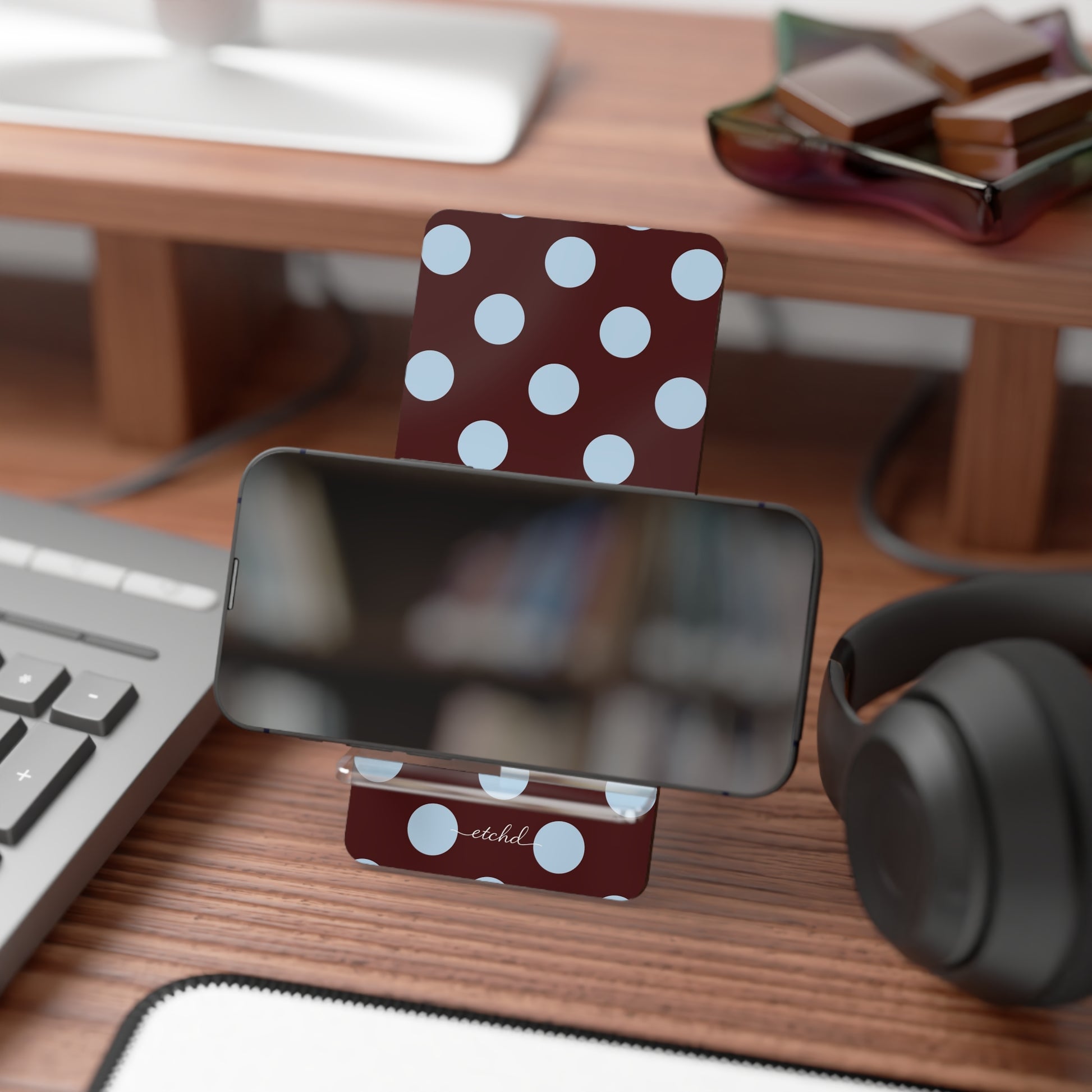 Cherry & Blue Polka Dot Phone Stand by etchd, view 4