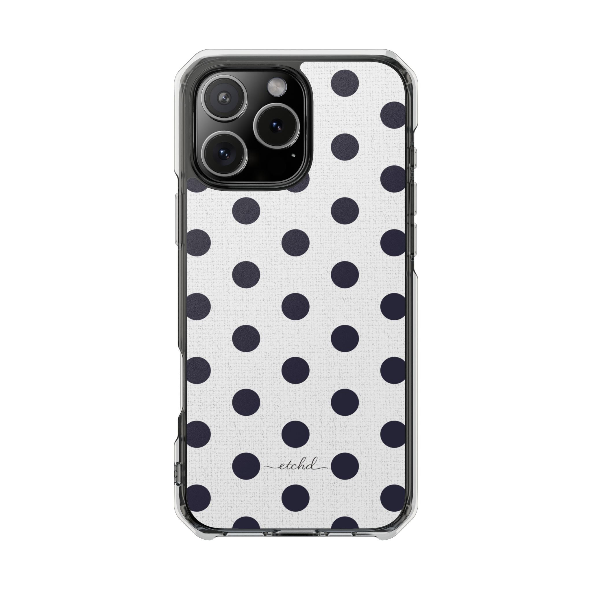 Navy And White Polka Dot Clear Magnetic Phone Case by etchd