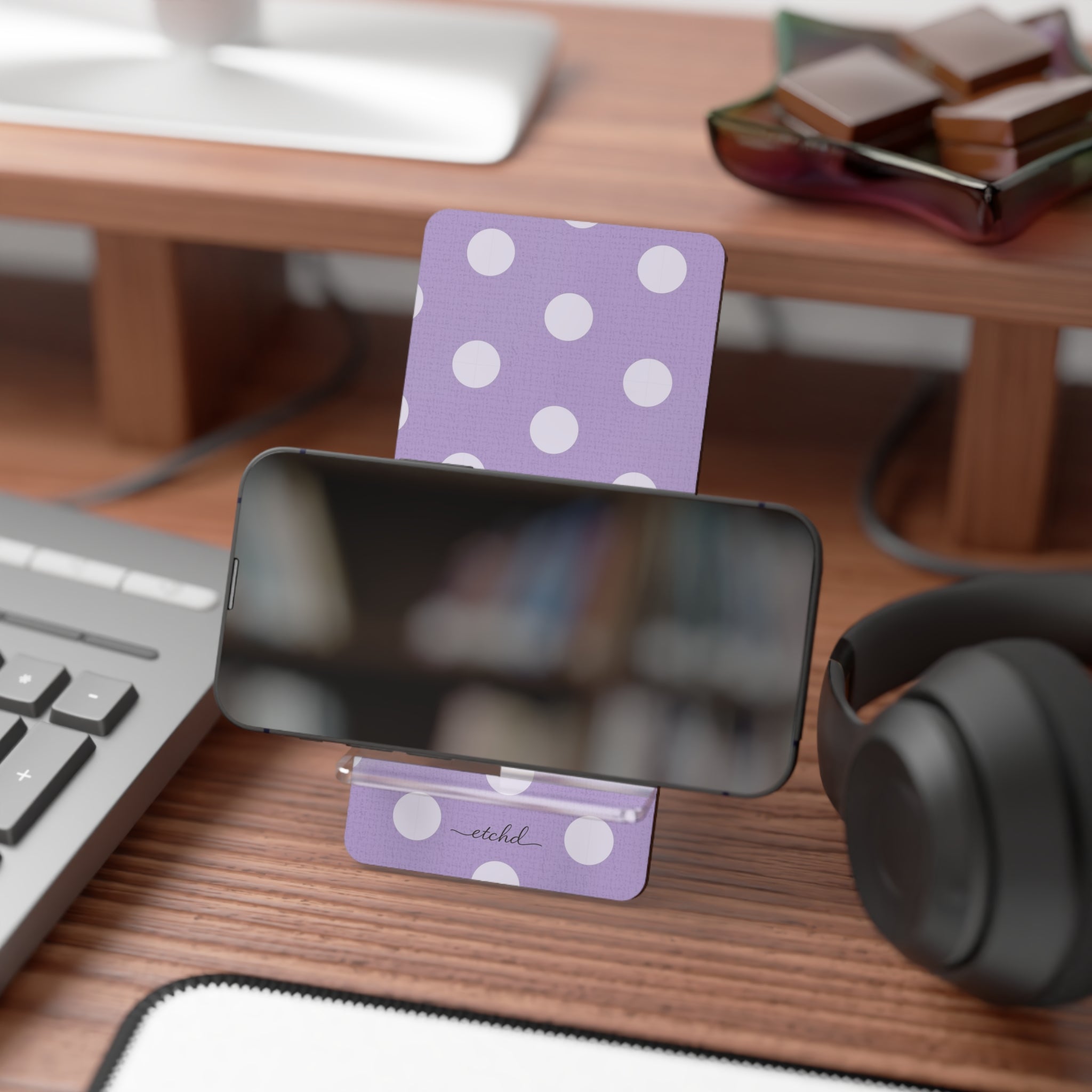 Cream & Lilac Polka Dot Phone Stand by etchd, view 4