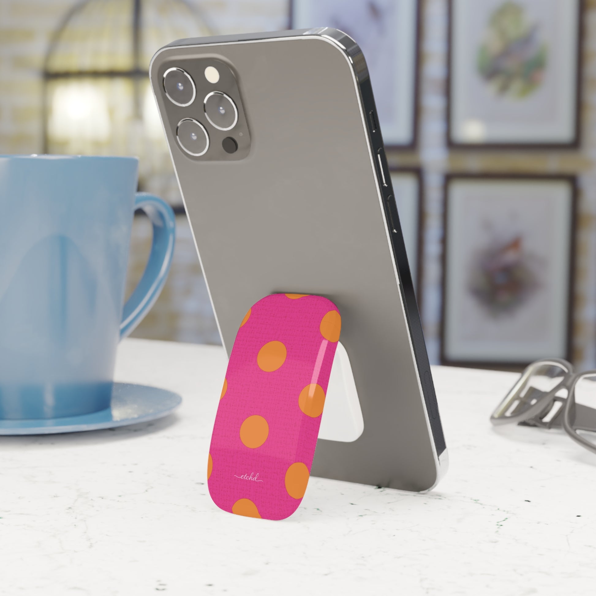 Orange And Pink Polka Dot Click-On Phone Grip by etchd, view 3