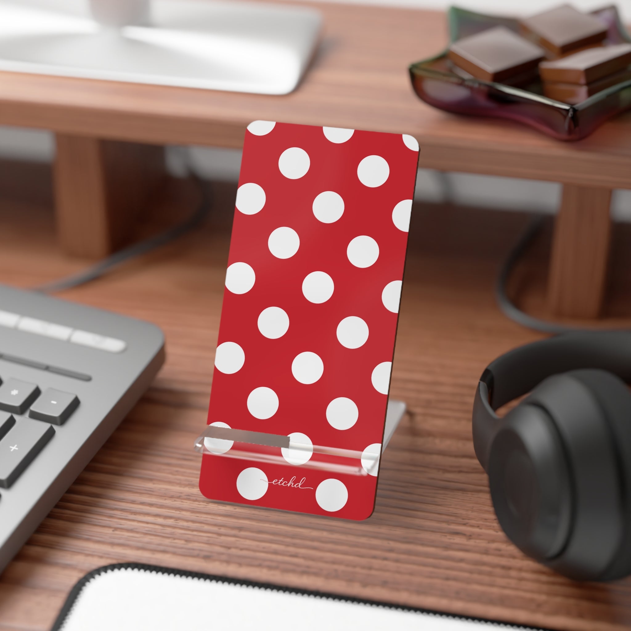 Classic Red Polka Dot Phone Stand by etchd, view 3