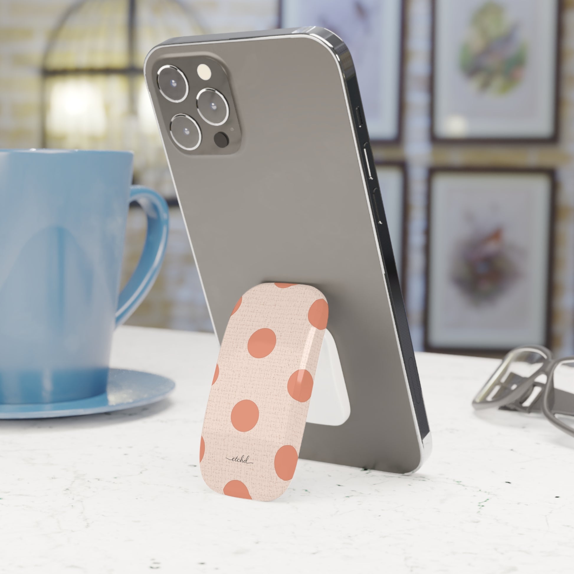 Coral Polka Dot Click-On Phone Grip by etchd, view 3