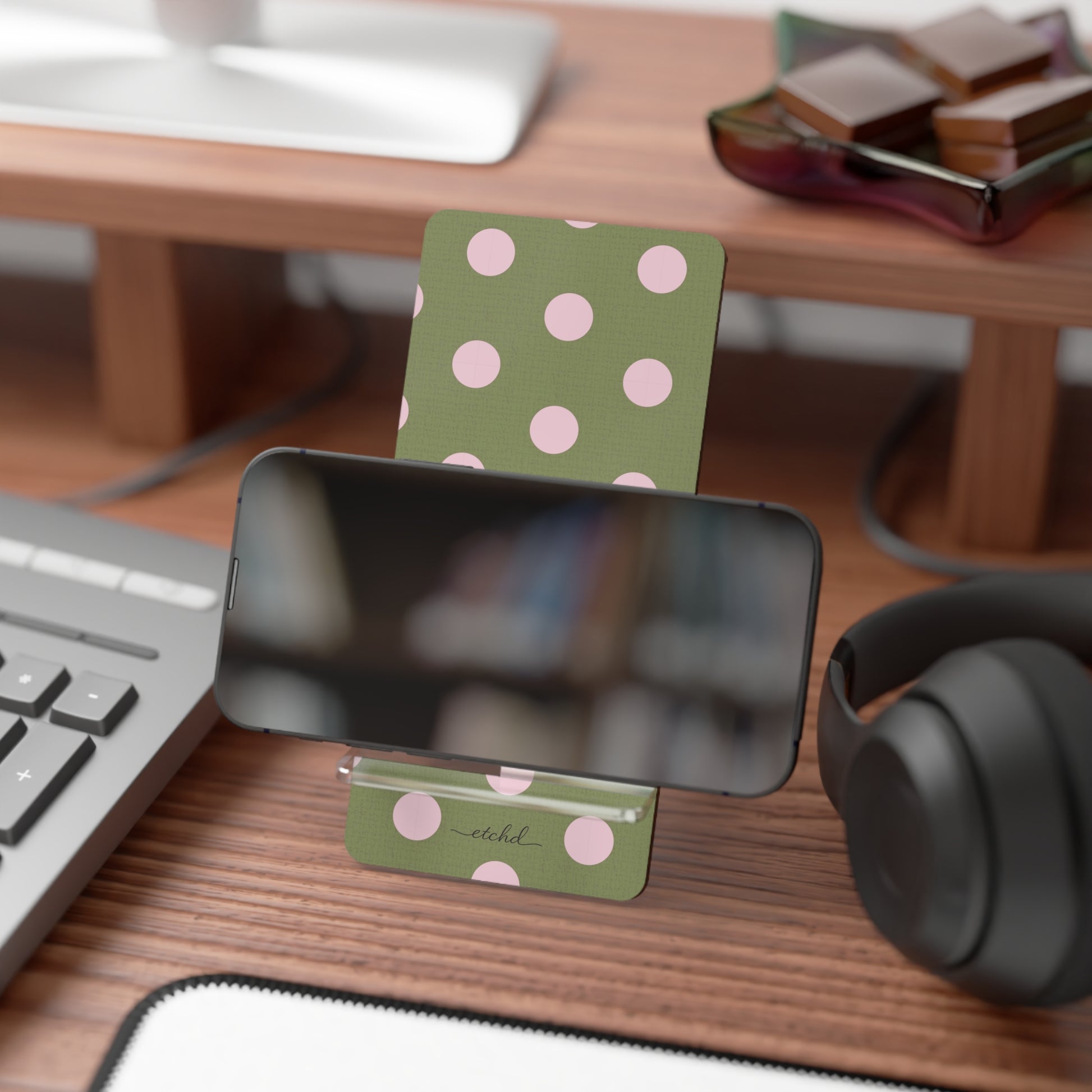 Pink And Green Polka Dot Phone Stand by etchd, view 4