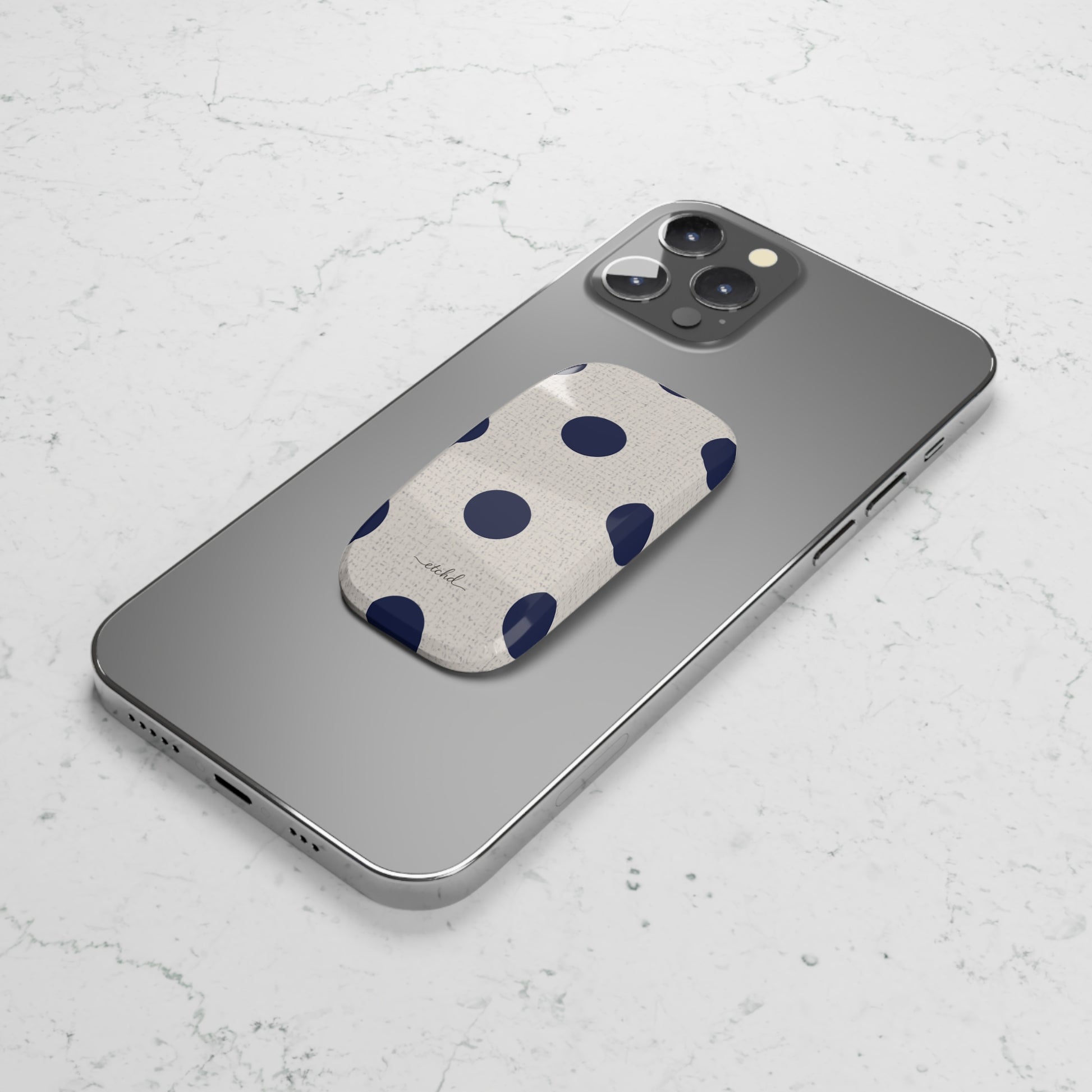 Navy & Cream Polka Dot Click-On Phone Grip by etchd, view 4