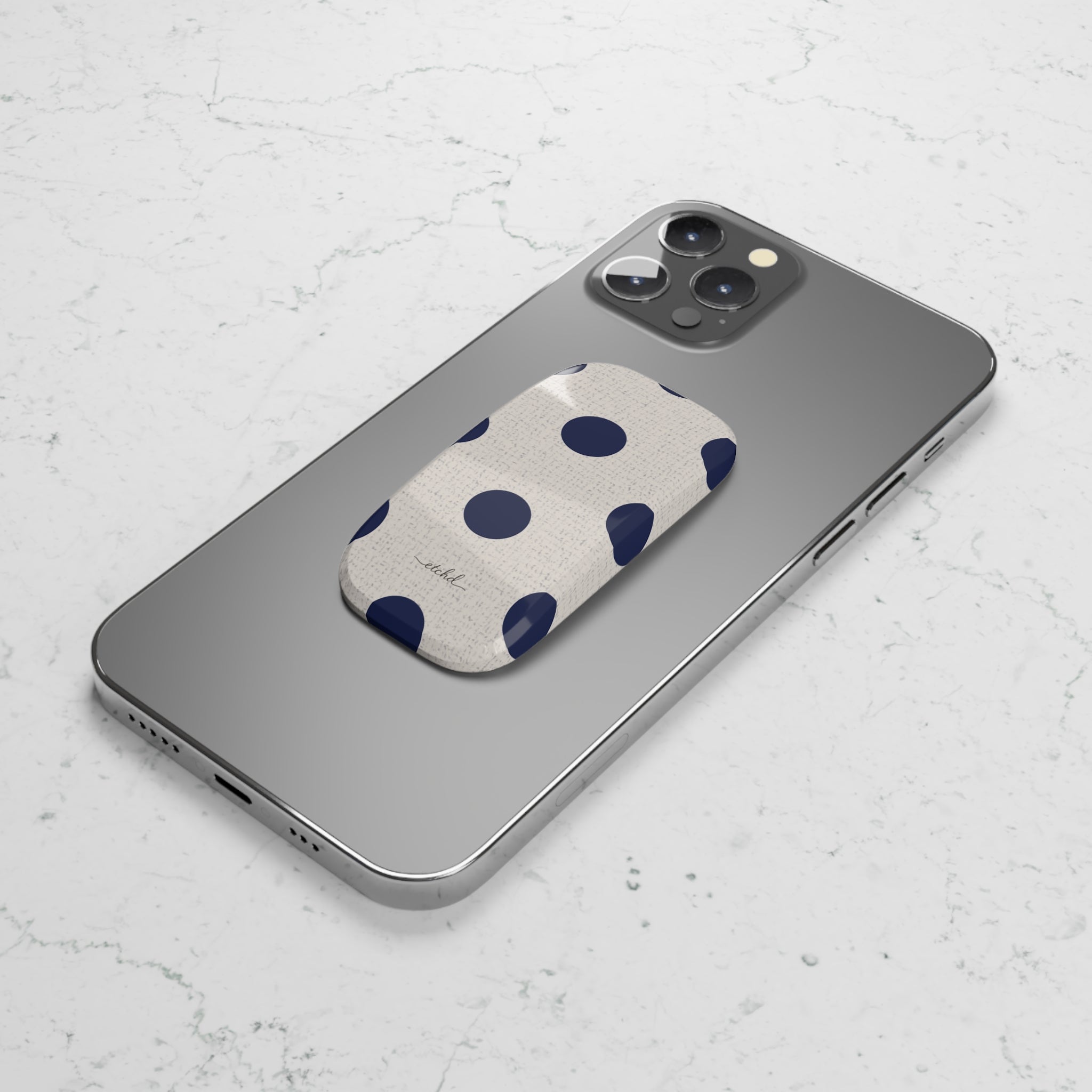 Navy & Cream Polka Dot Click-On Phone Grip by etchd, view 4