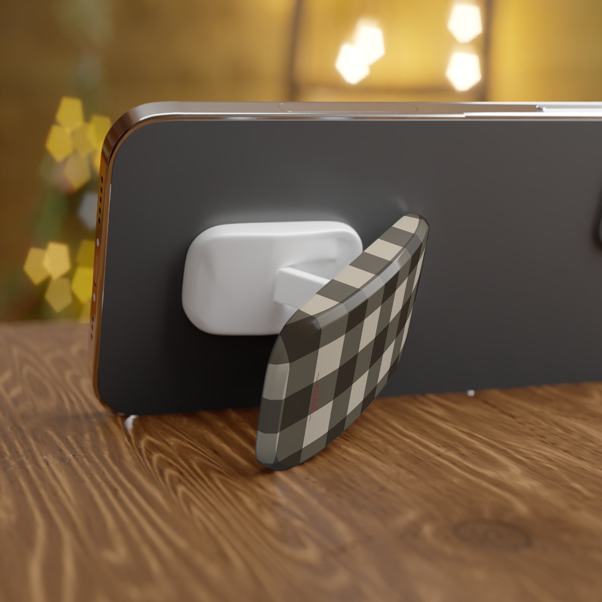 Cream & Brown Gingham Click-On Phone Grip by etchd, view 4