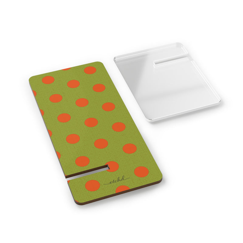 Persimmon And Wasabi Polka Dot Phone Stand by etchd, view 2