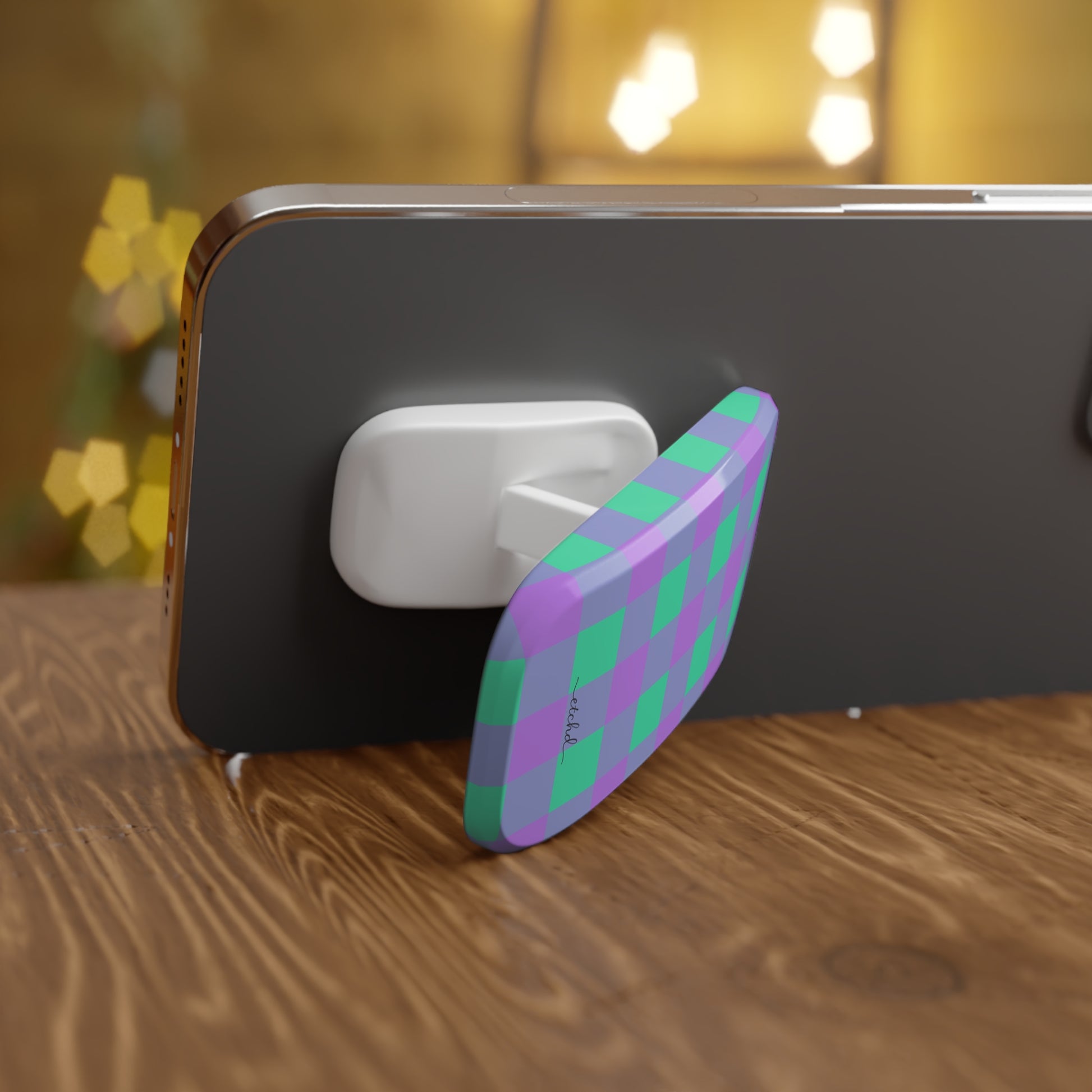 Hypermint & Lilac Gingham Click-On Phone Grip by etchd, view 4