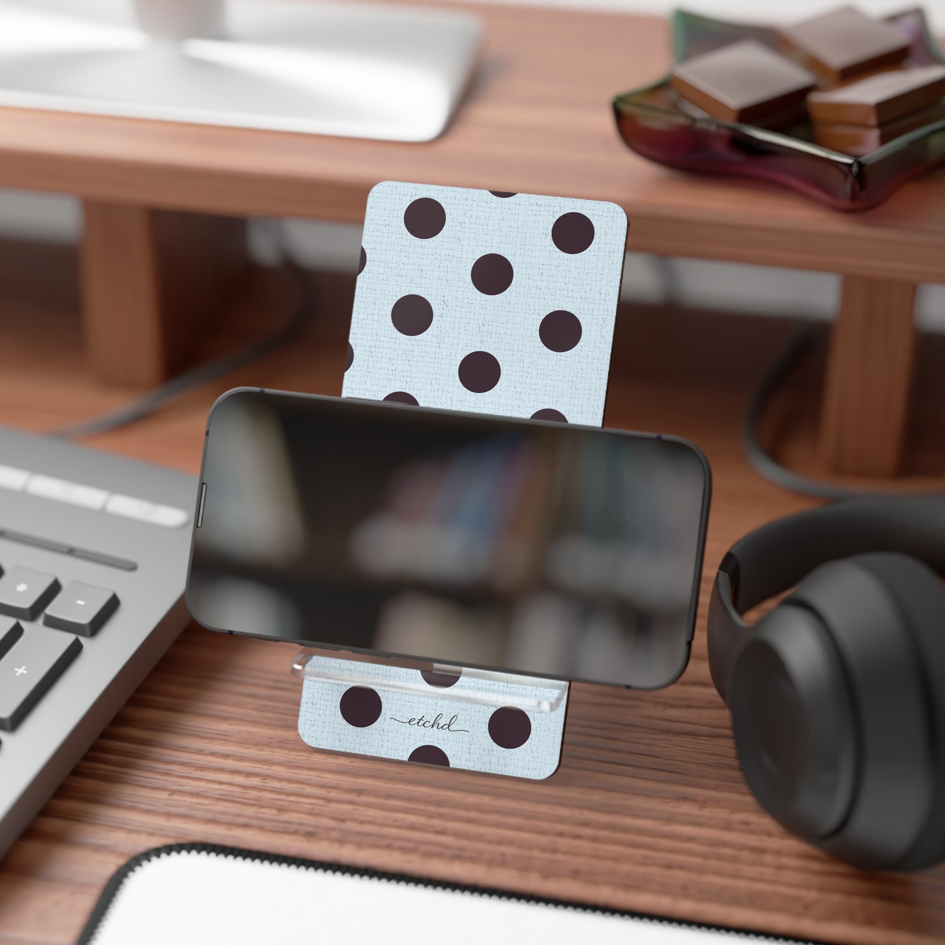 Plum And Blue Polka Dot Phone Stand by etchd, view 4