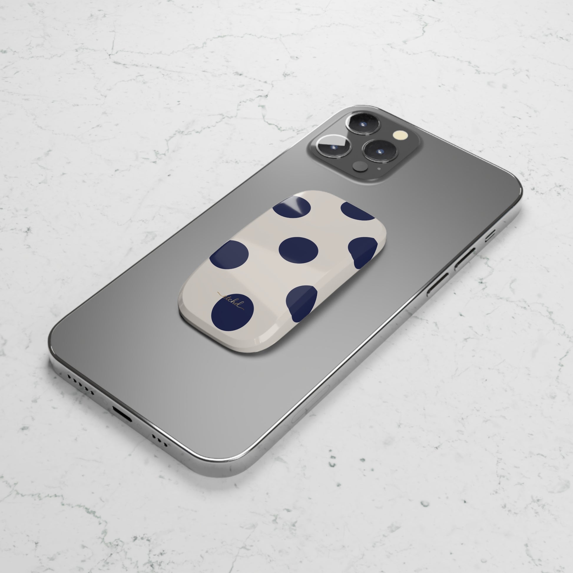 Navy & Cream Polka Dot Click-On Phone Grip by etchd, view 4