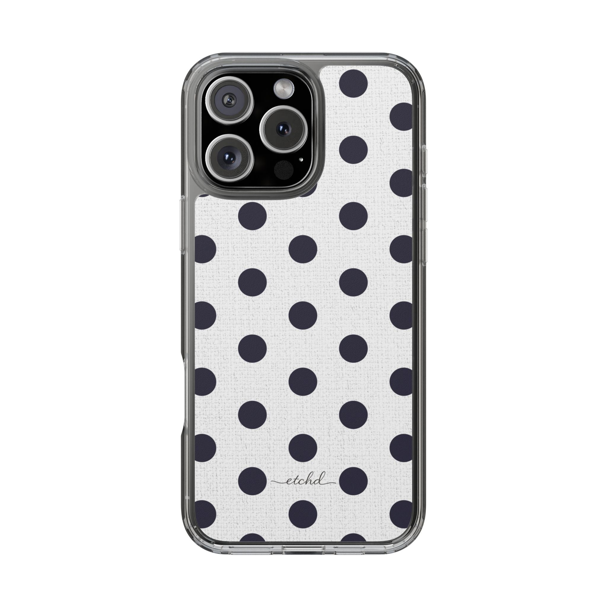Navy And White Polka Dot Clear Phone Case by etchd