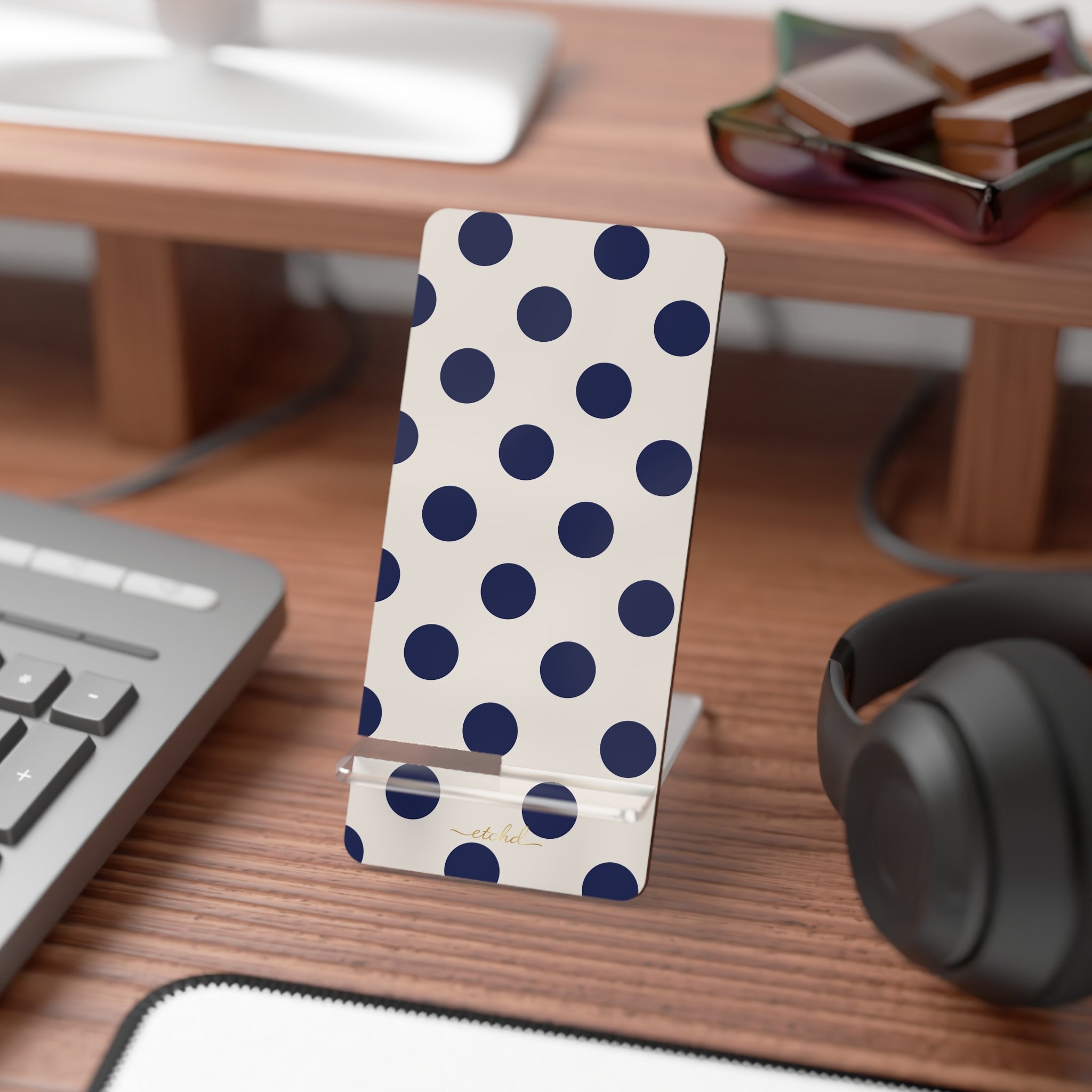 Navy & Cream Polka Dot Phone Stand by etchd, view 3
