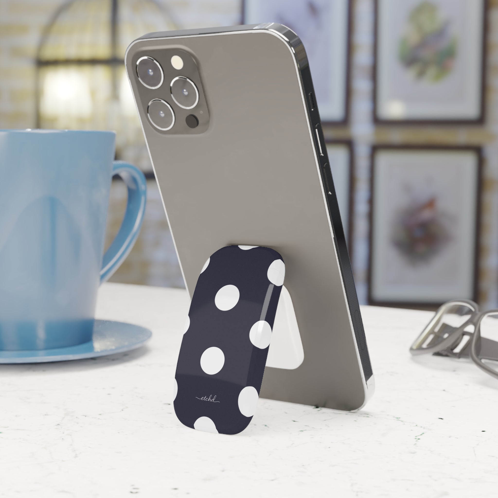 White And Navy Polka Dot Click-On Phone Grip by etchd, view 3