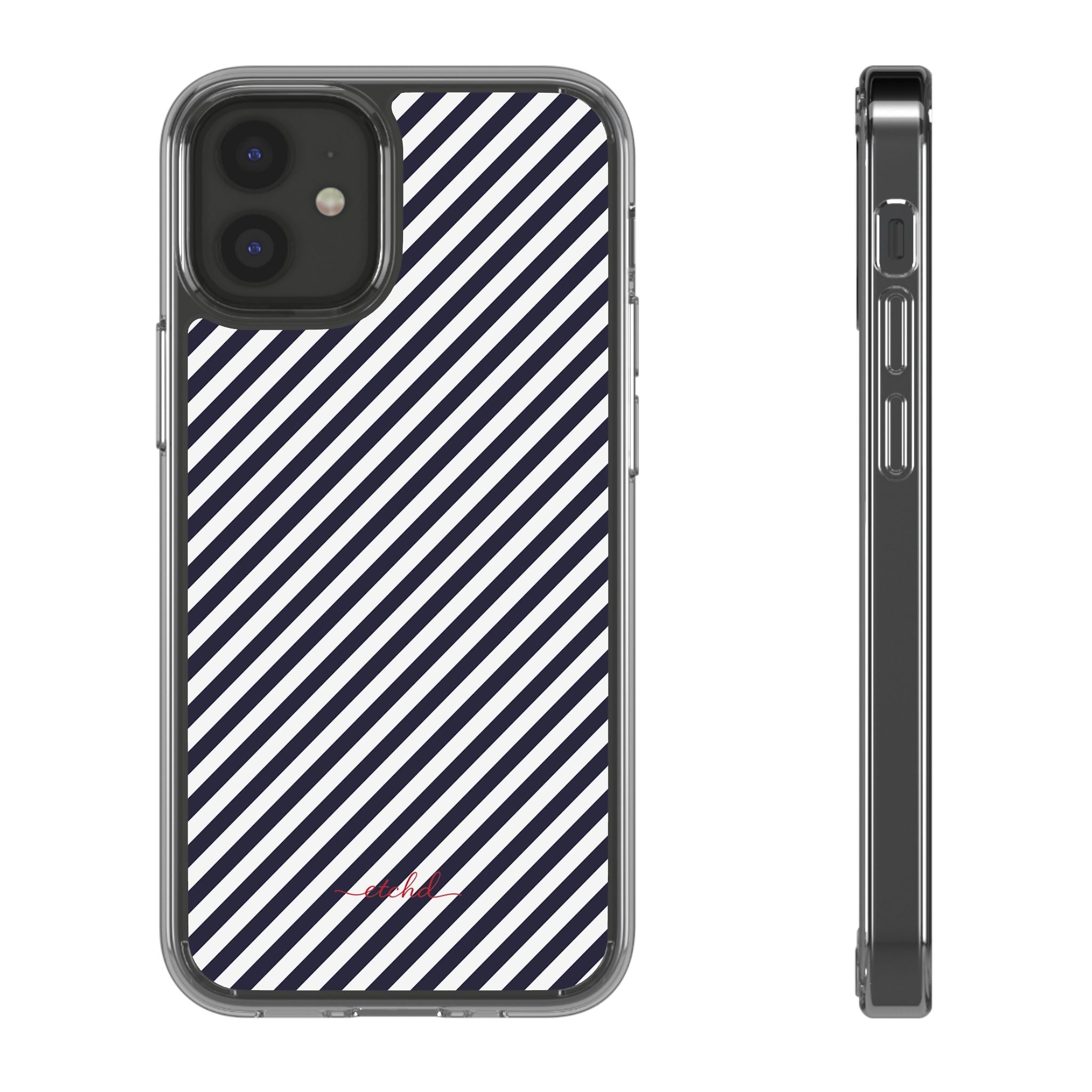 Navy & White Striped Diagonal Clear Phone Case by etchd, view 2