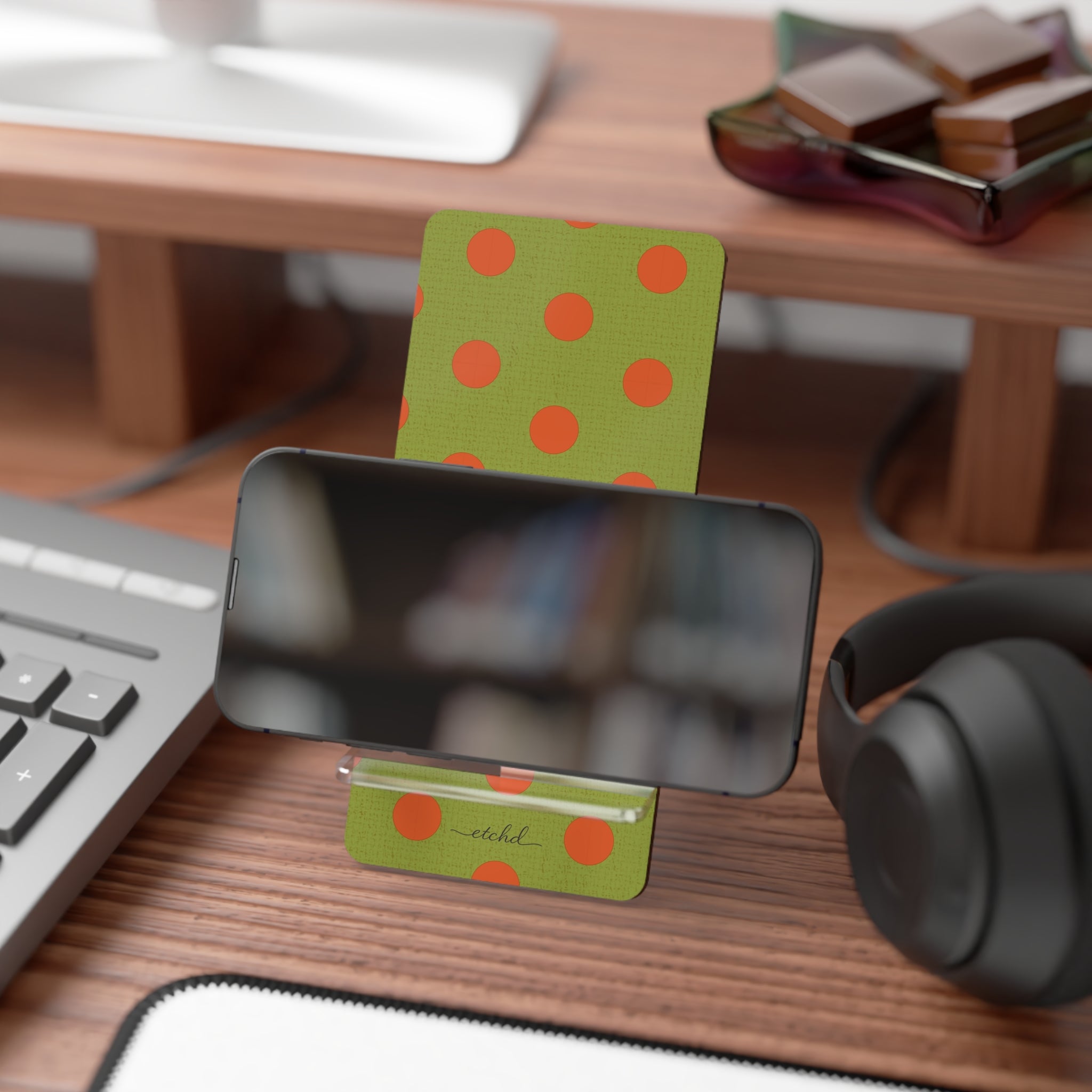 Persimmon And Wasabi Polka Dot Phone Stand by etchd, view 4