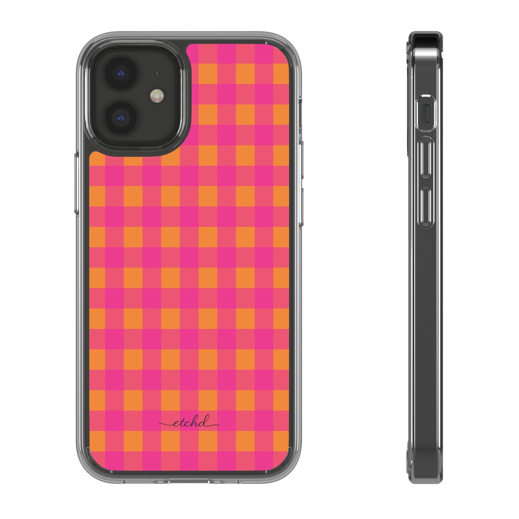 Pink & Orange Gingham Clear Phone Case by etchd, view 2