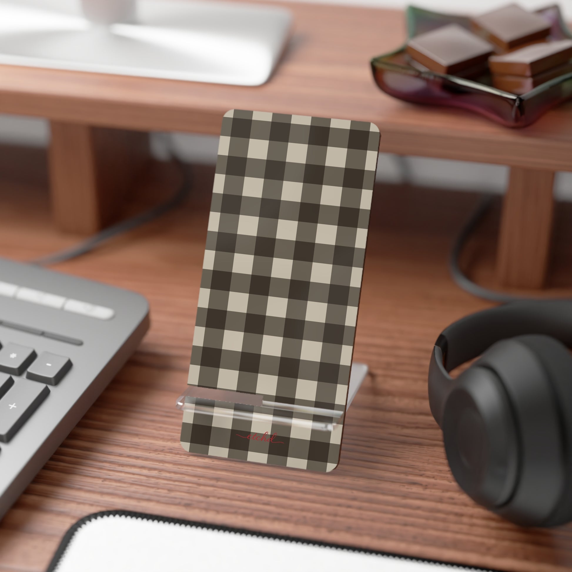 Cream & Brown Gingham Phone Stand by etchd, view 3