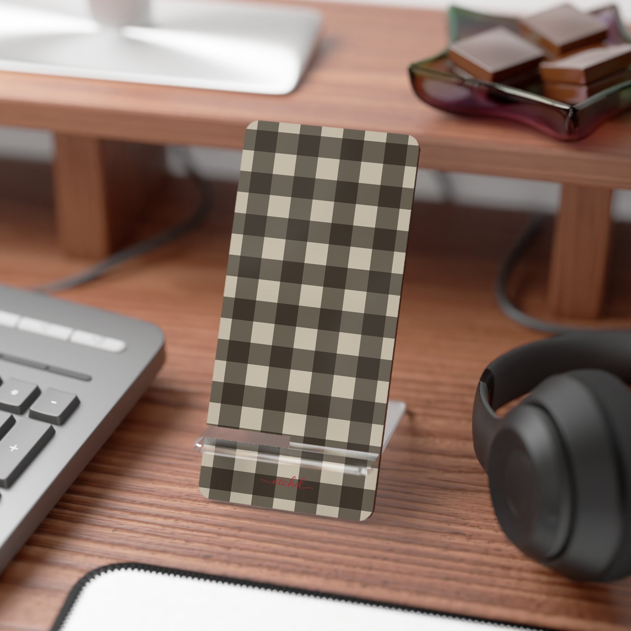 Cream & Brown Gingham Phone Stand by etchd, view 3