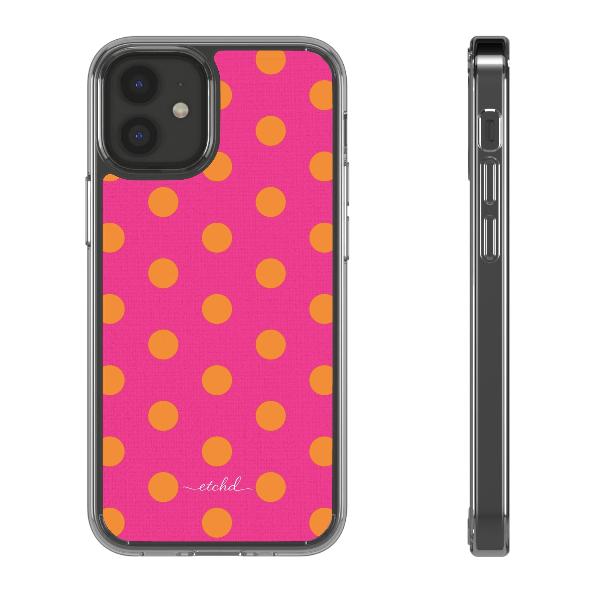 Orange & Pink Polka Dot Funda transparente para móvil de etchd, vista 2