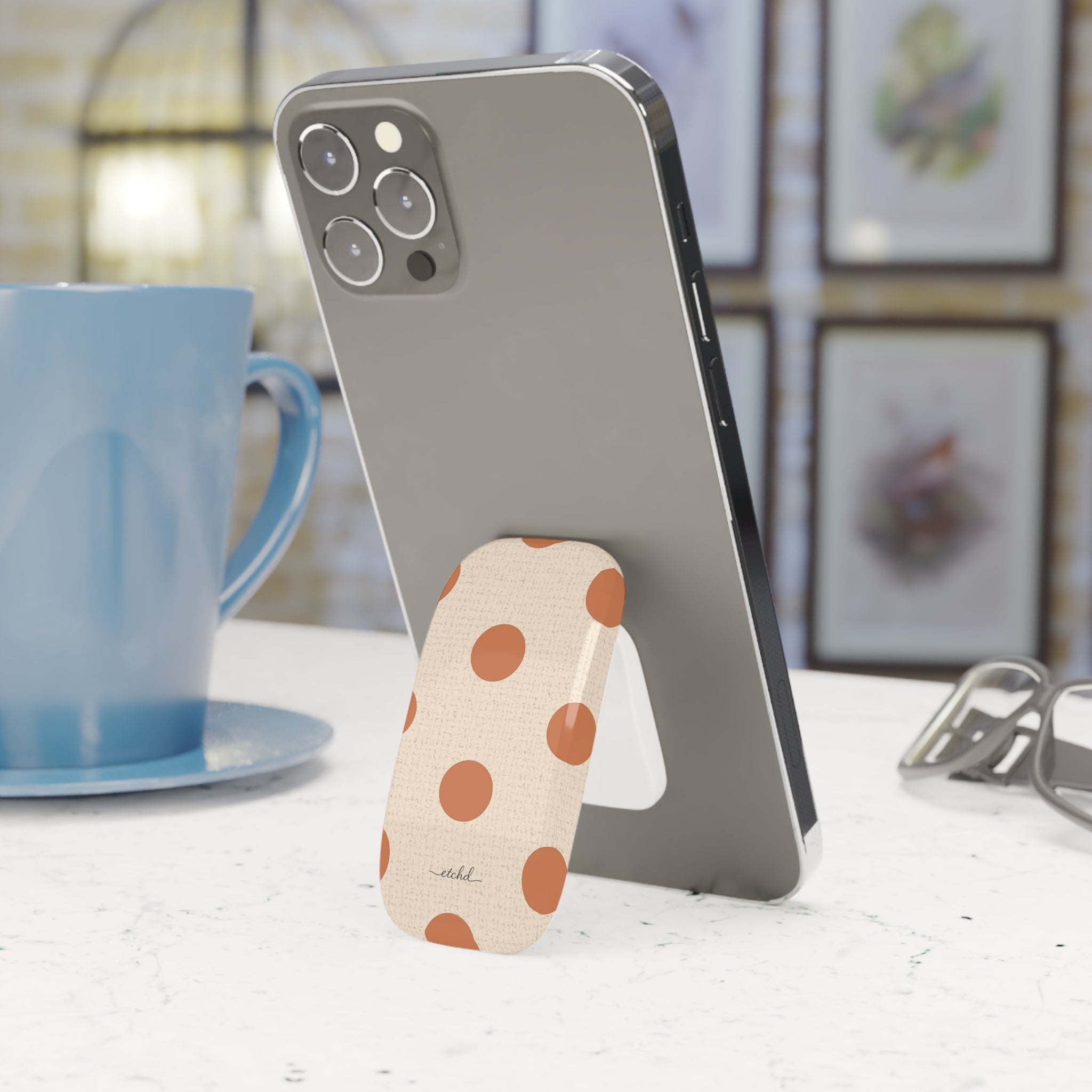 Terracotta Polka Dot Click-On Phone Grip by etchd, view 3