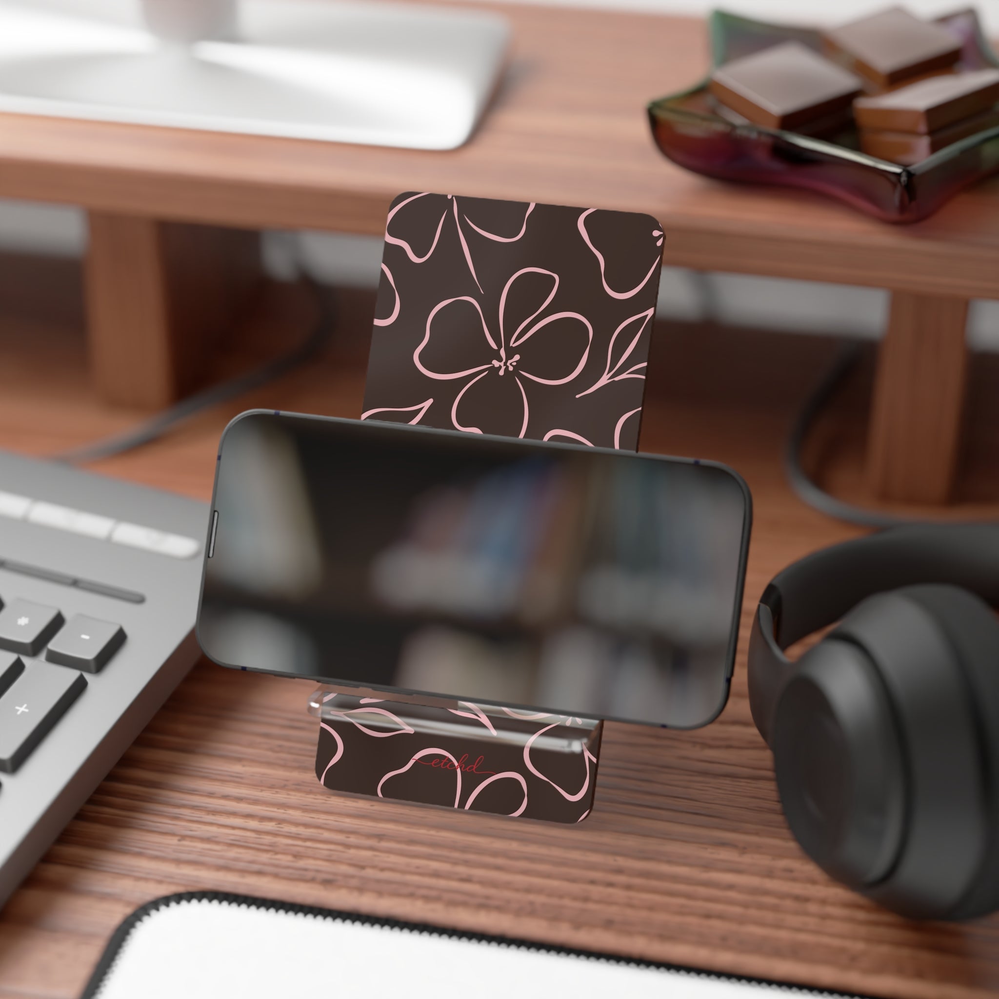 Espresso & Blush Floral Phone Stand by etchd, view 4