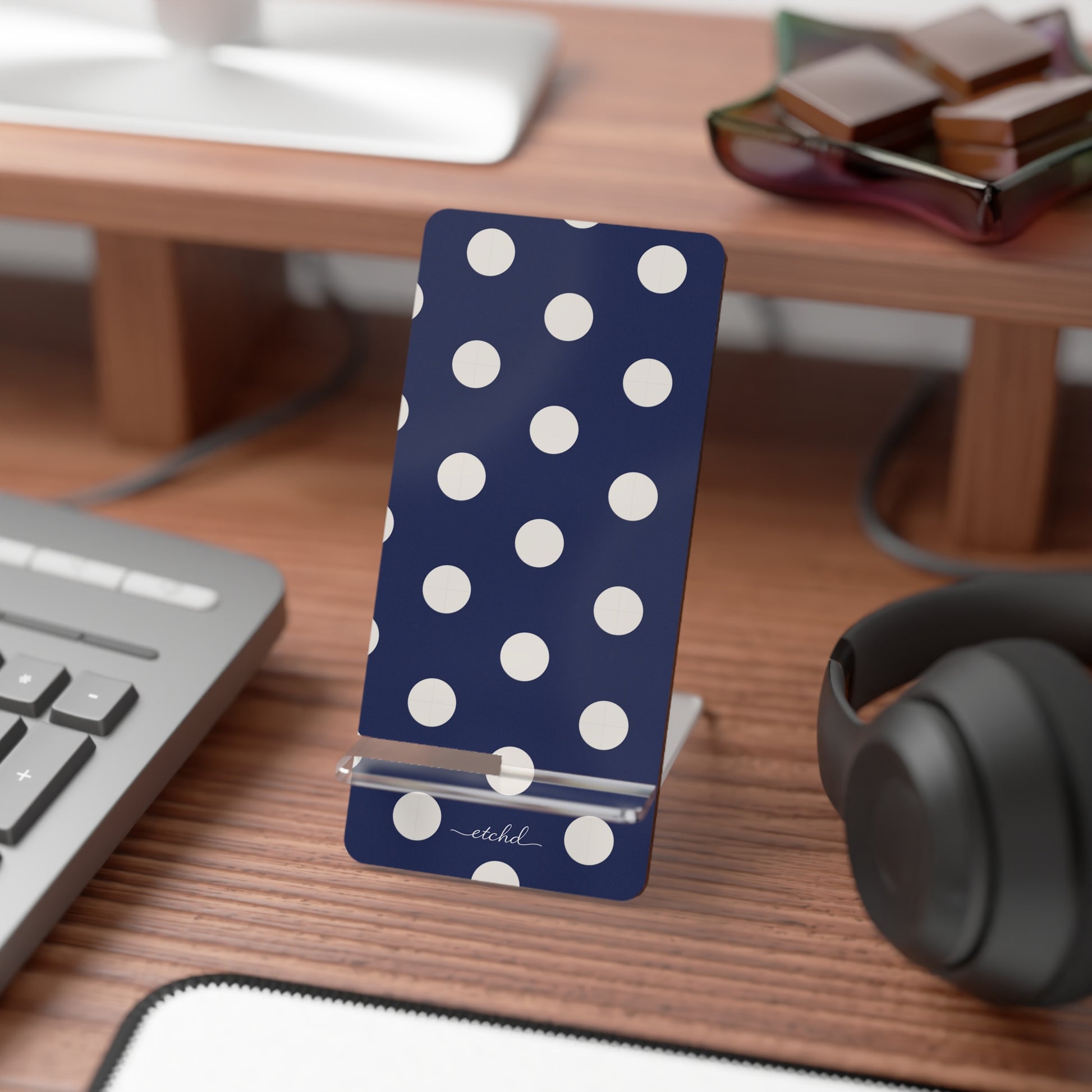 Cream & Navy Polka Dot Phone Stand by etchd, view 3