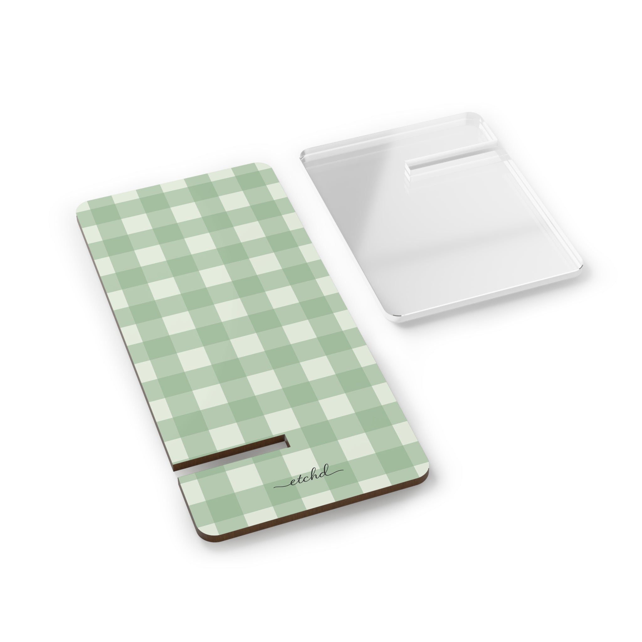 Sage & Cream Gingham Phone Stand by etchd, view 2