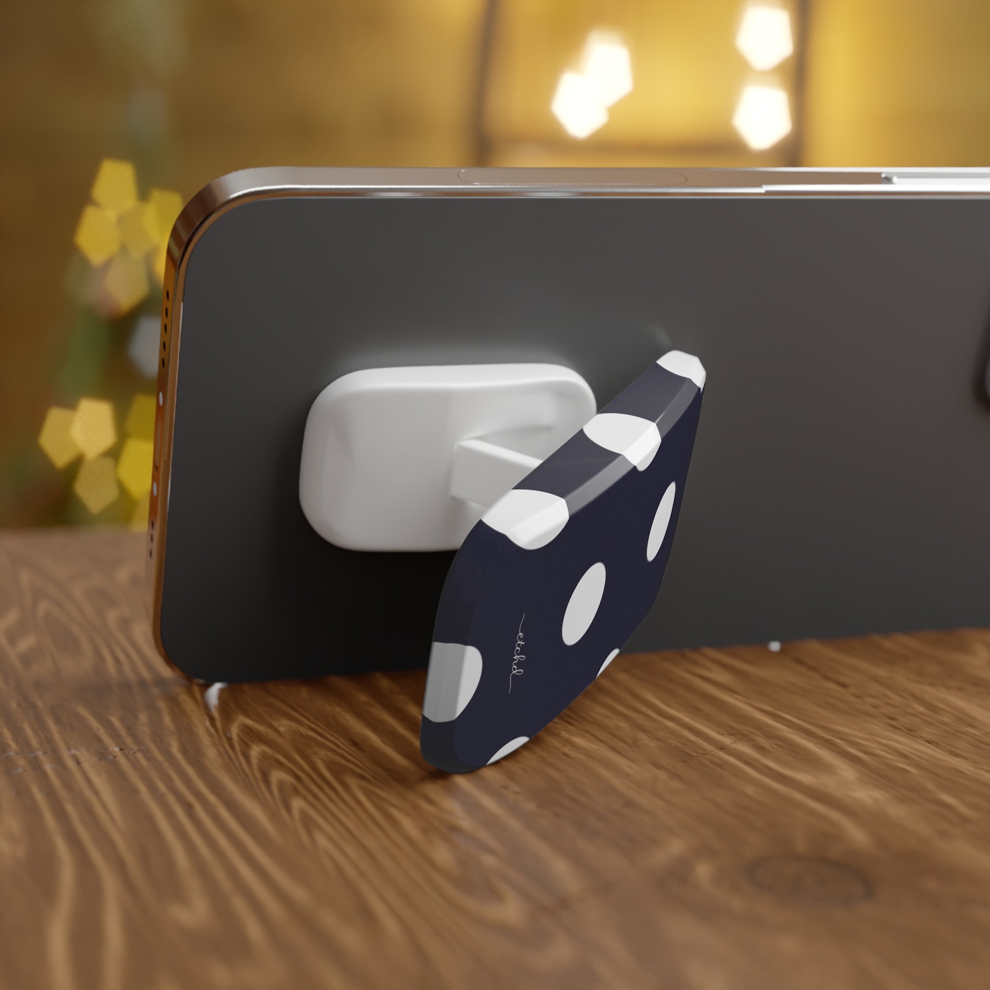 White And Navy Polka Dot Click-On Phone Grip by etchd, view 4
