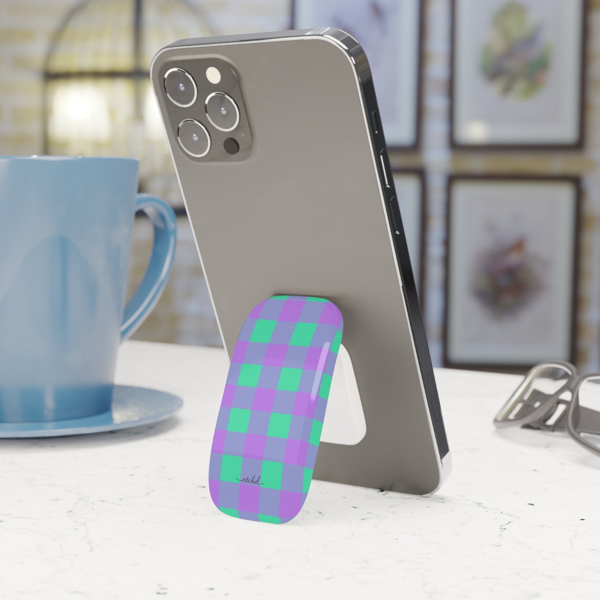 Hypermint & Lilac Gingham Click-On Phone Grip by etchd, view 3