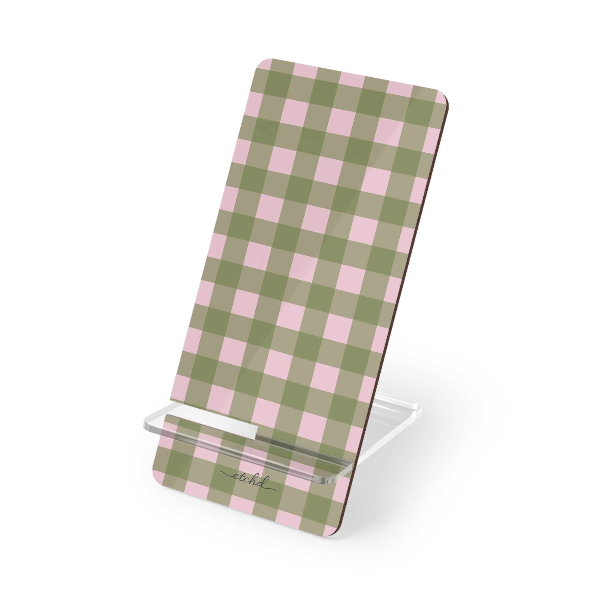 Green & Pink Gingham Phone Stand by etchd