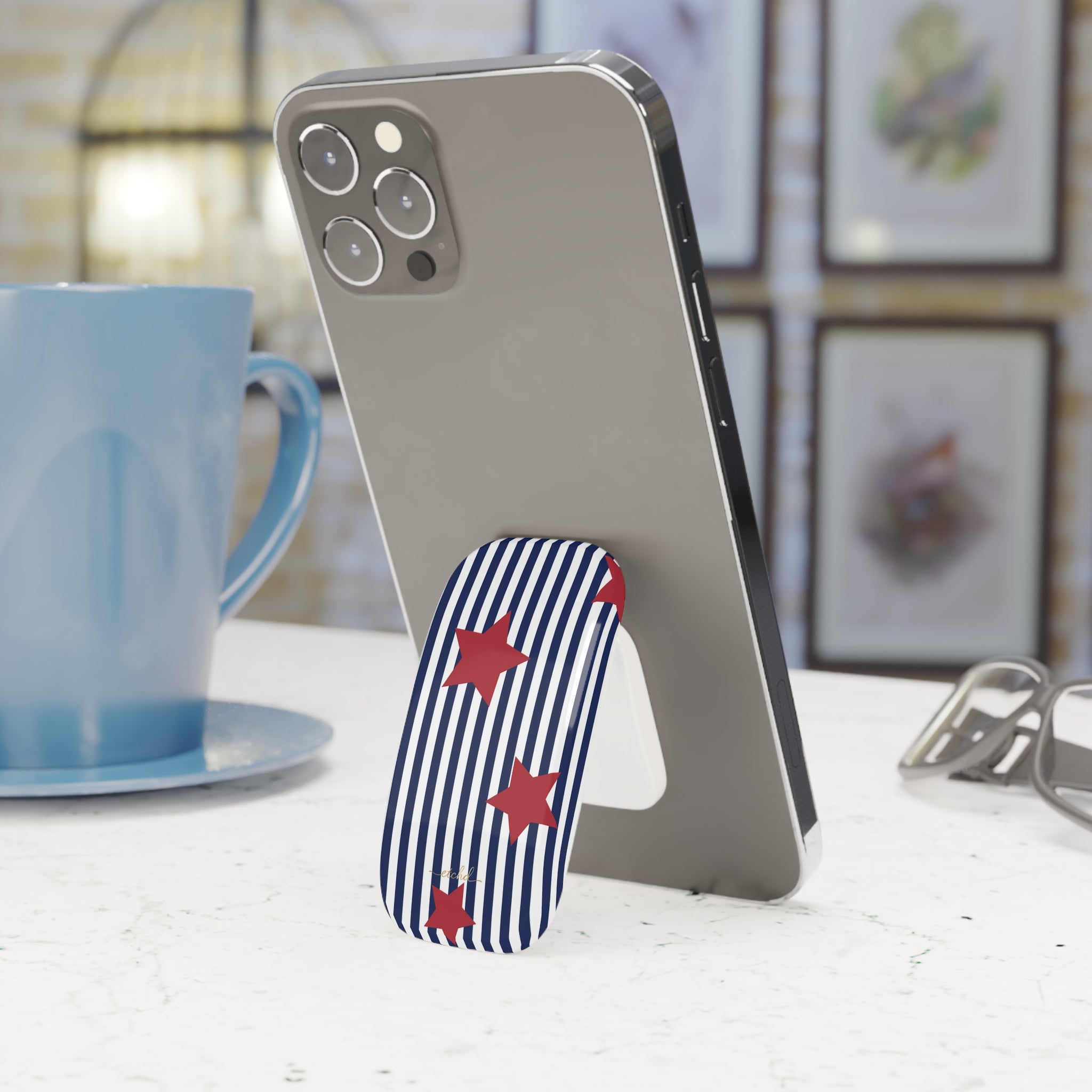 Blue Stripes & Red Stars Click-On Phone Grip by etchd, view 3