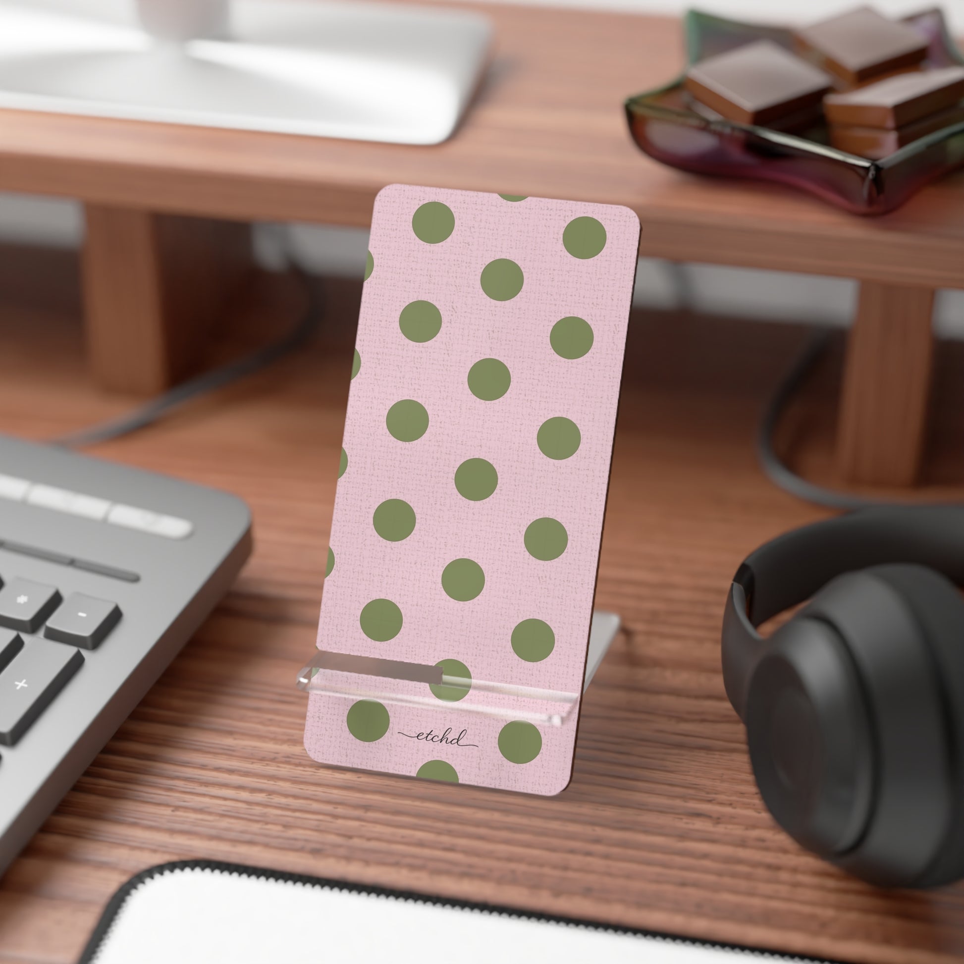 Green And Pink Polka Dot Phone Stand by etchd, view 3