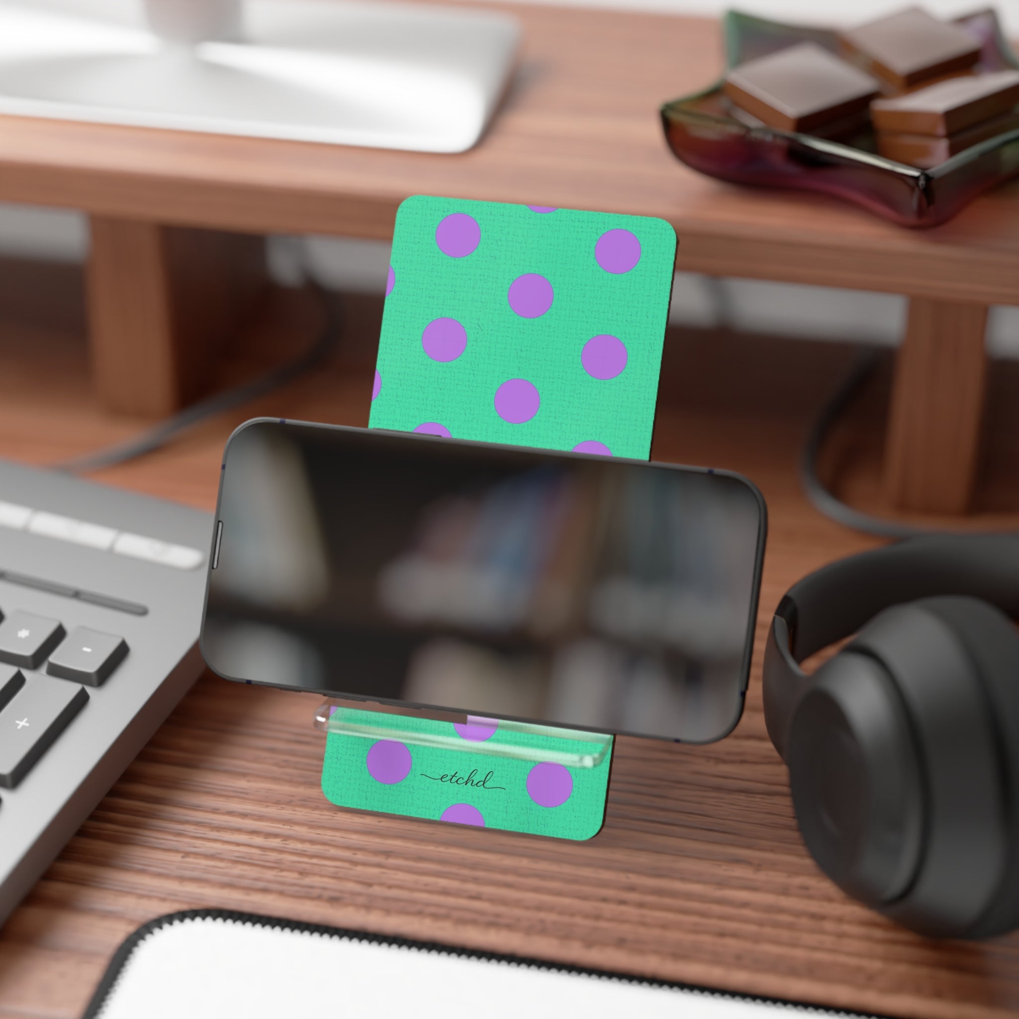 Lilac And Hypermint Polka Dot Phone Stand by etchd, view 4