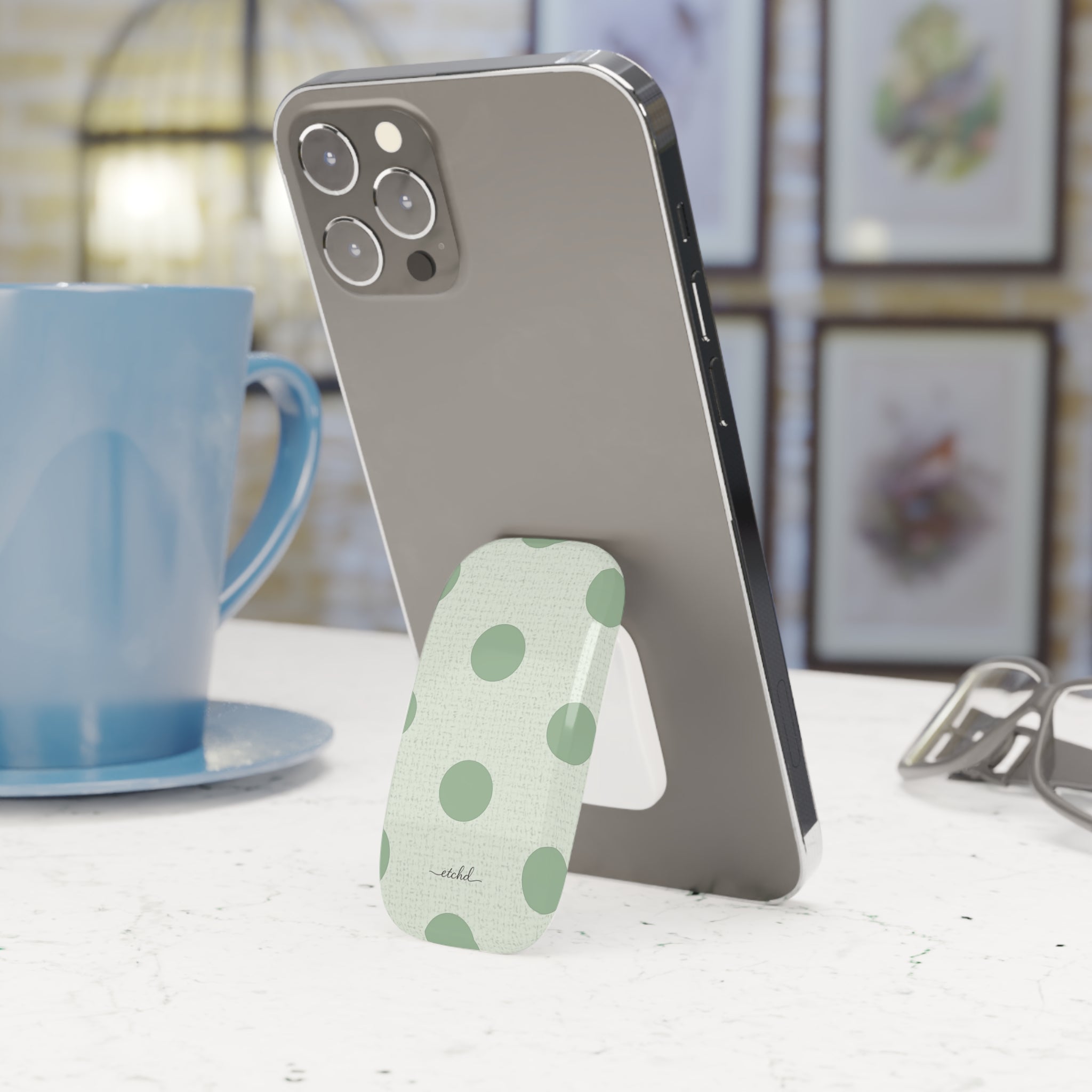 Sage Polka Dot Click-On Phone Grip by etchd, view 3