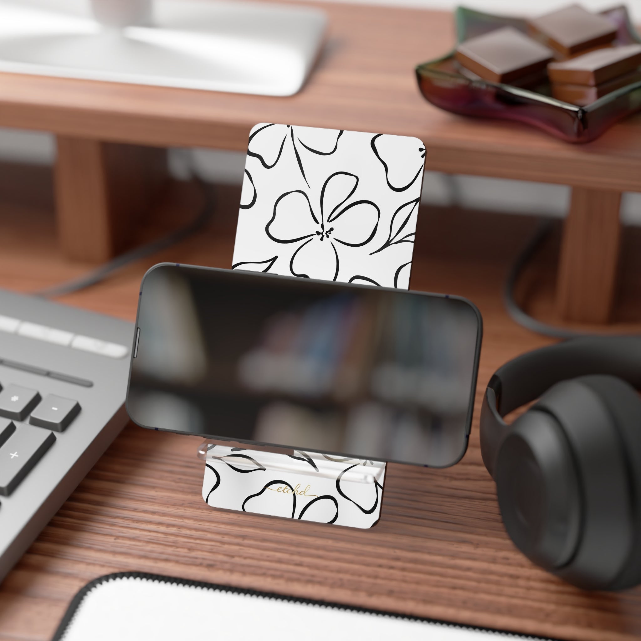 White & Black Floral Phone Stand by etchd, view 4