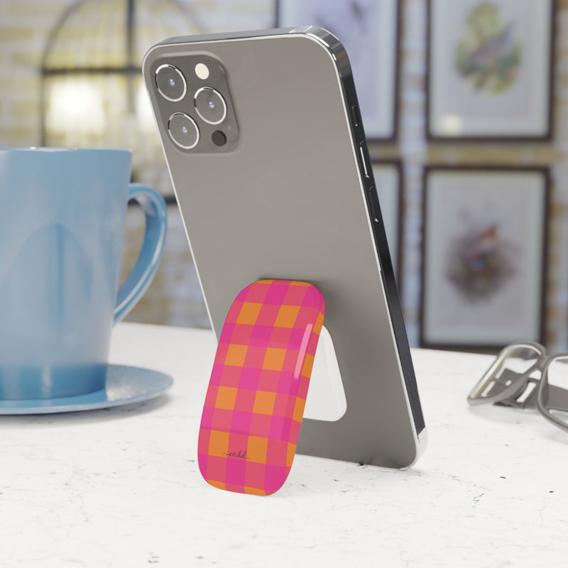 Pink & Orange Gingham Click-On Phone Grip by etchd, view 3