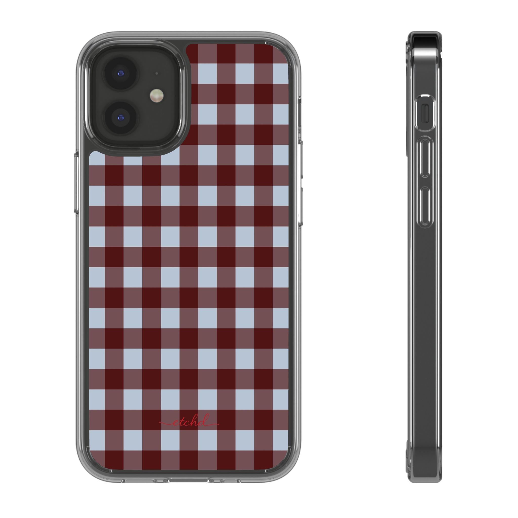 Blue & Cherry Gingham Clear Phone Case by etchd, view 2