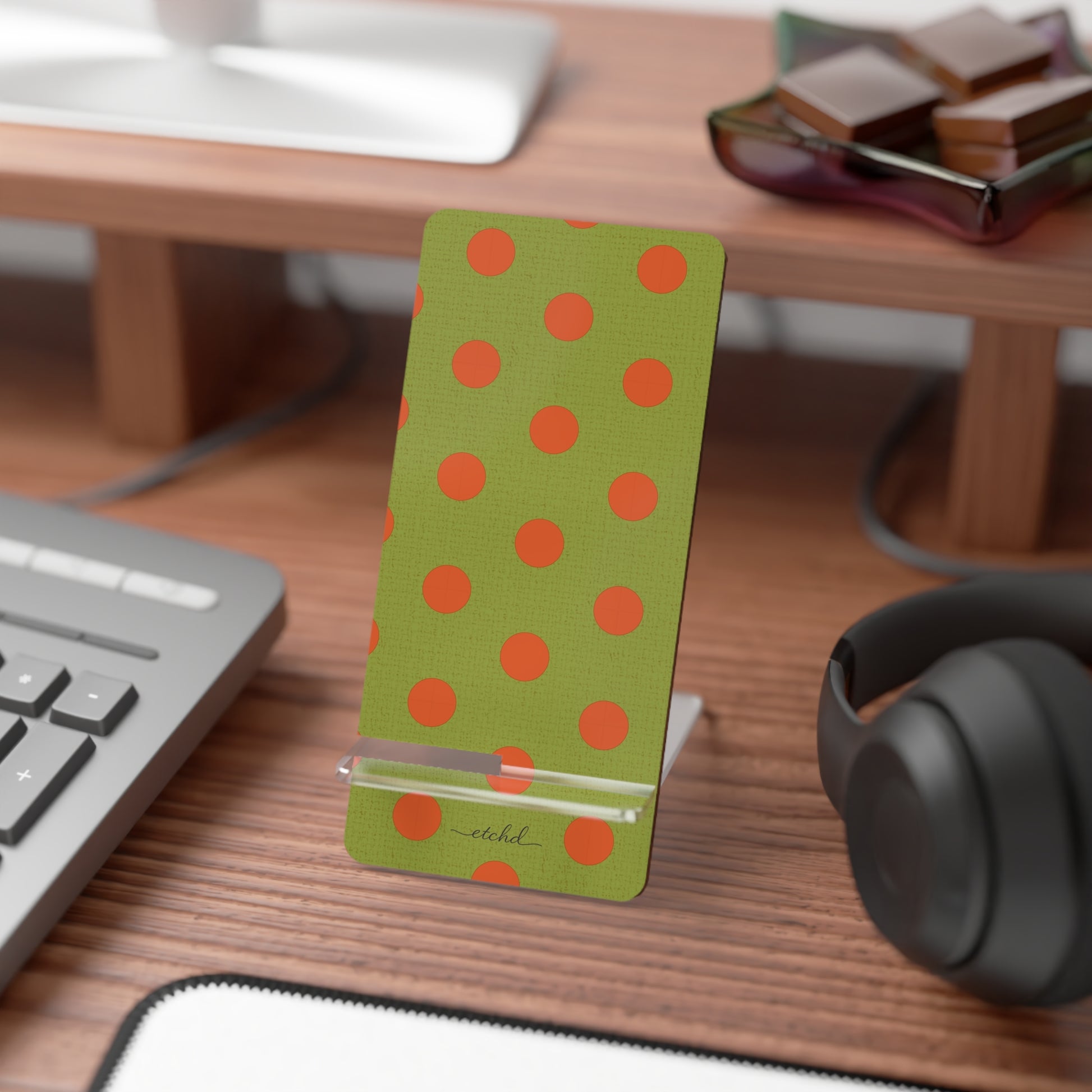 Persimmon And Wasabi Polka Dot Phone Stand by etchd, view 3