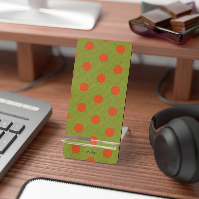 Persimmon And Wasabi Polka Dot Phone Stand by etchd, view 3