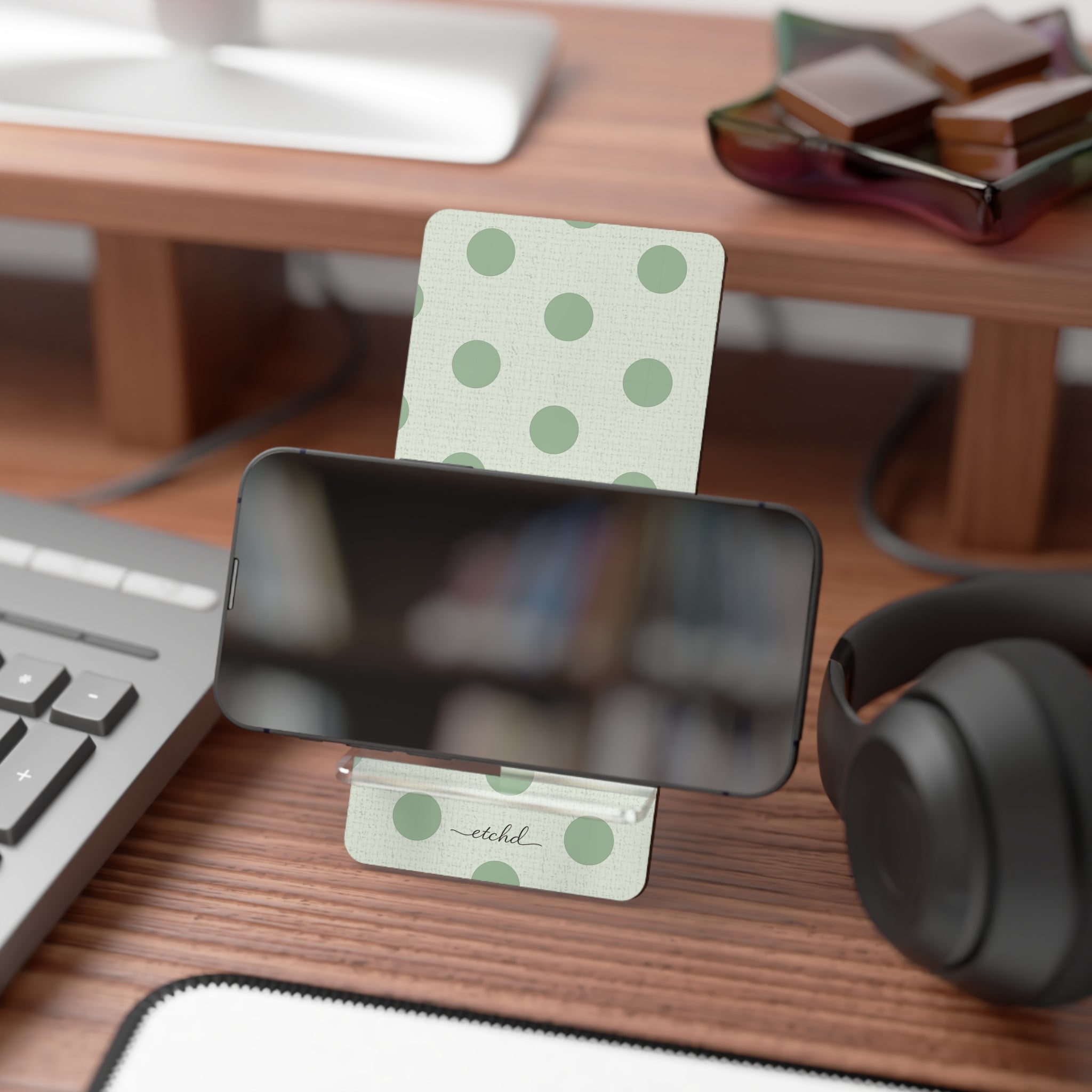 Sage Polka Dot Phone Stand by etchd, view 4